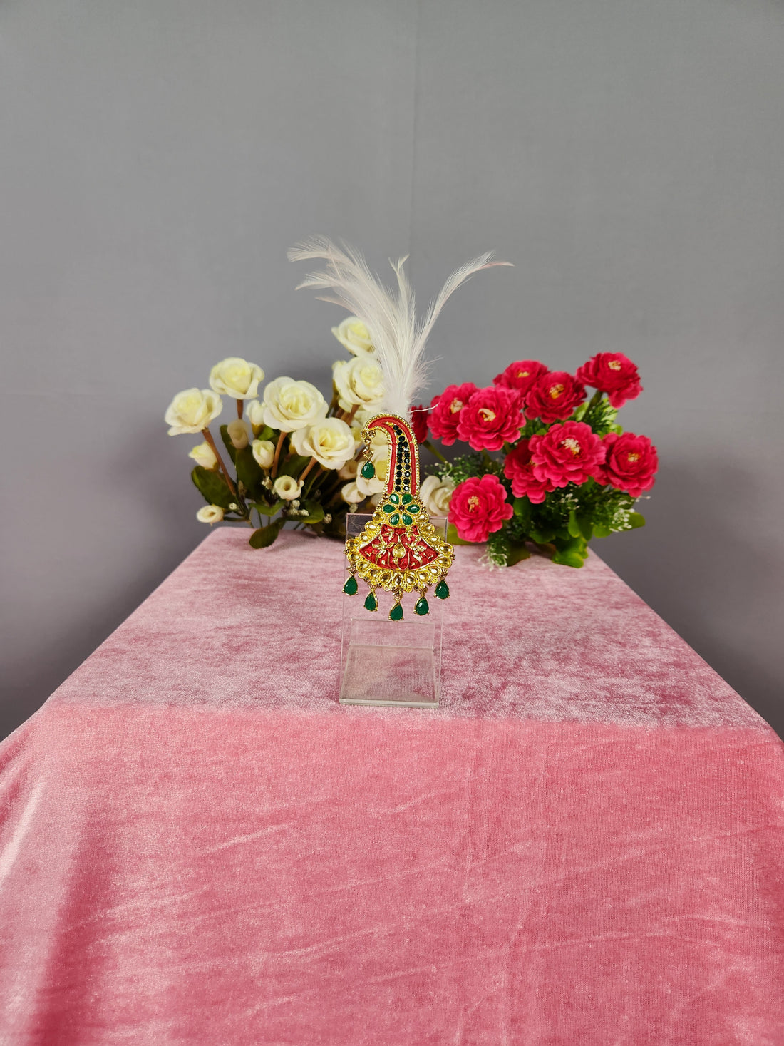 TURBAN BROOCH FOR SAFA WITH GREEN STONES AND MINAKARI