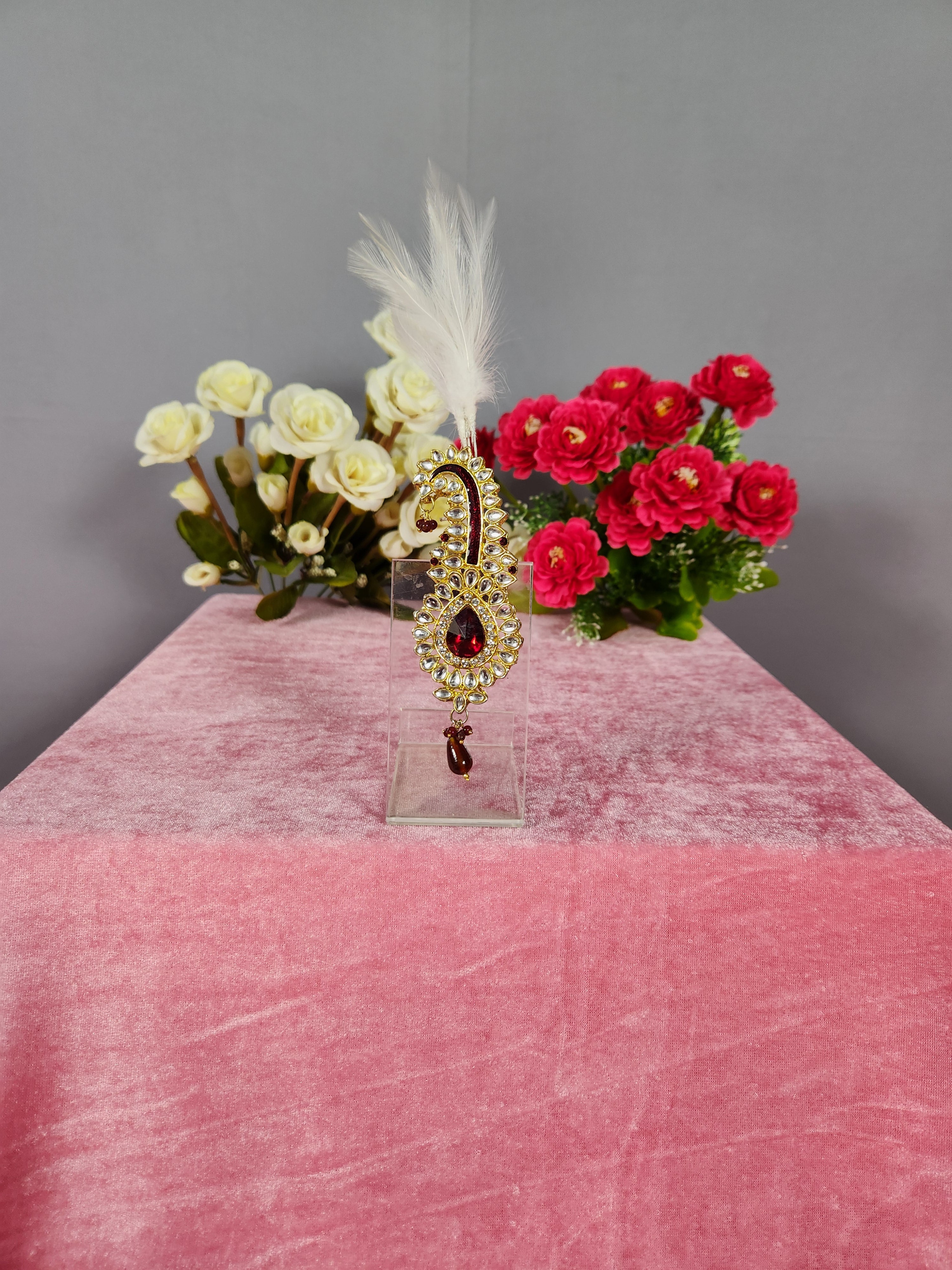 TURBAN BROOCH FOR SAFA WITH RED STONE AND MINAKARI