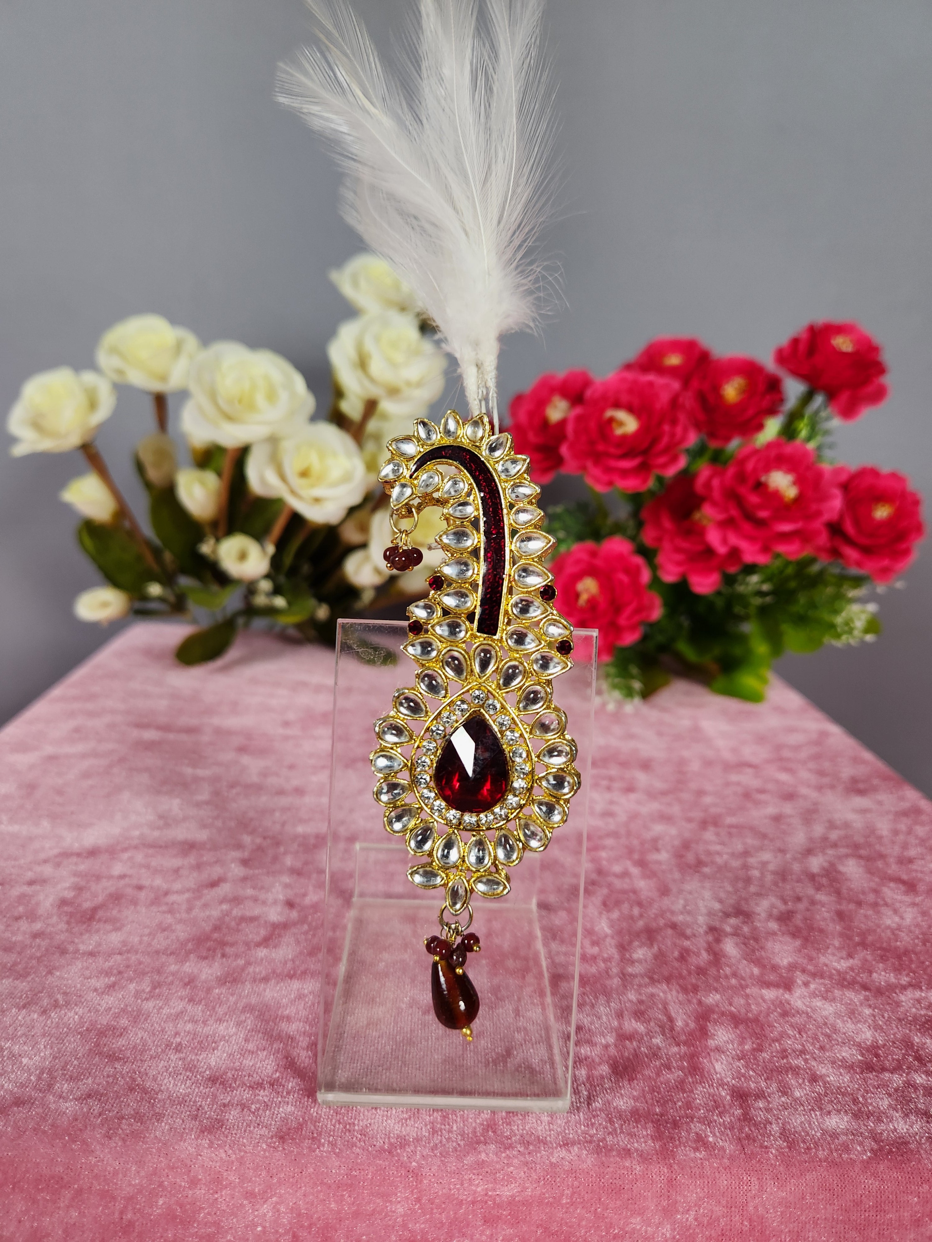 TURBAN BROOCH FOR SAFA WITH RED STONE AND MINAKARI