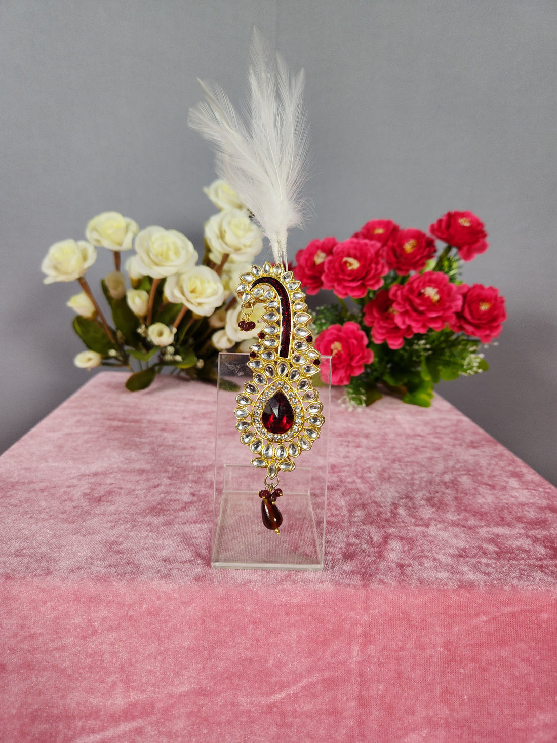 TURBAN BROOCH FOR SAFA WITH RED STONE AND MINAKARI