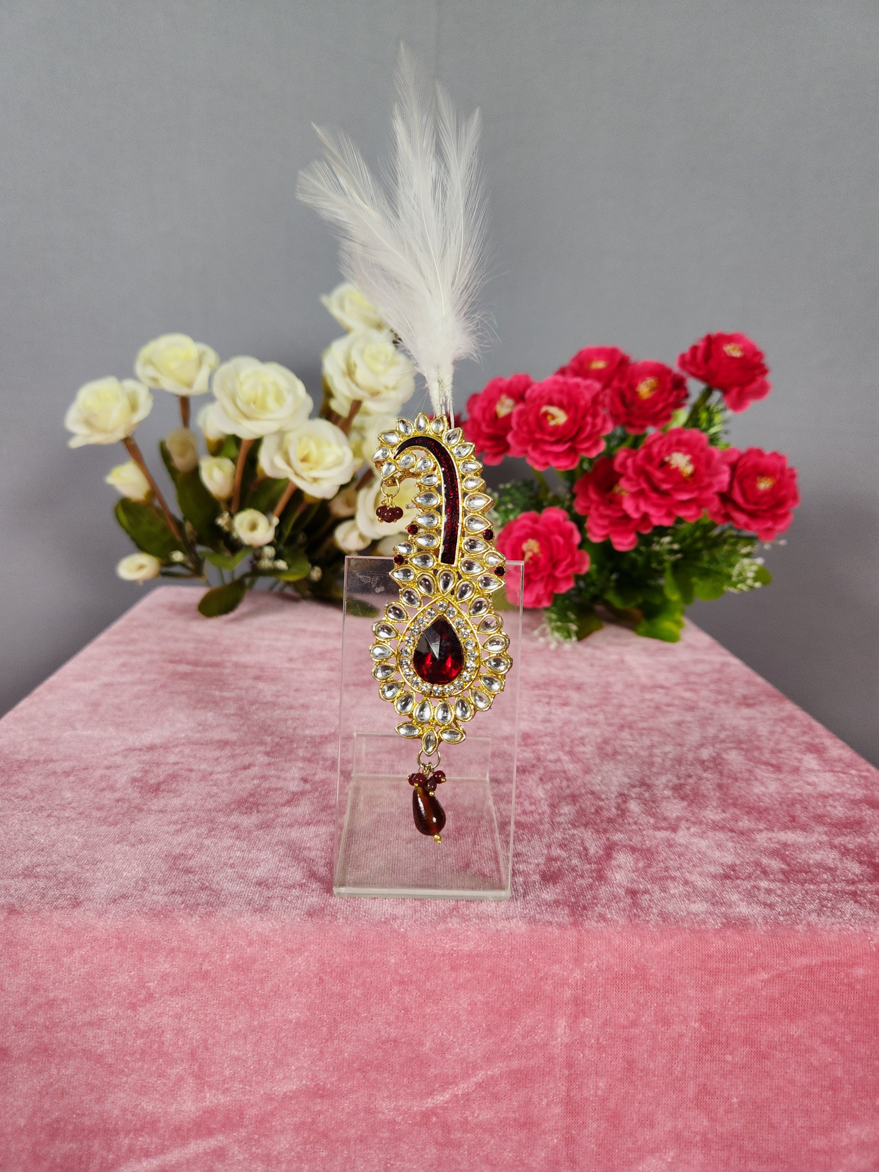 TURBAN BROOCH FOR SAFA WITH RED STONE AND MINAKARI