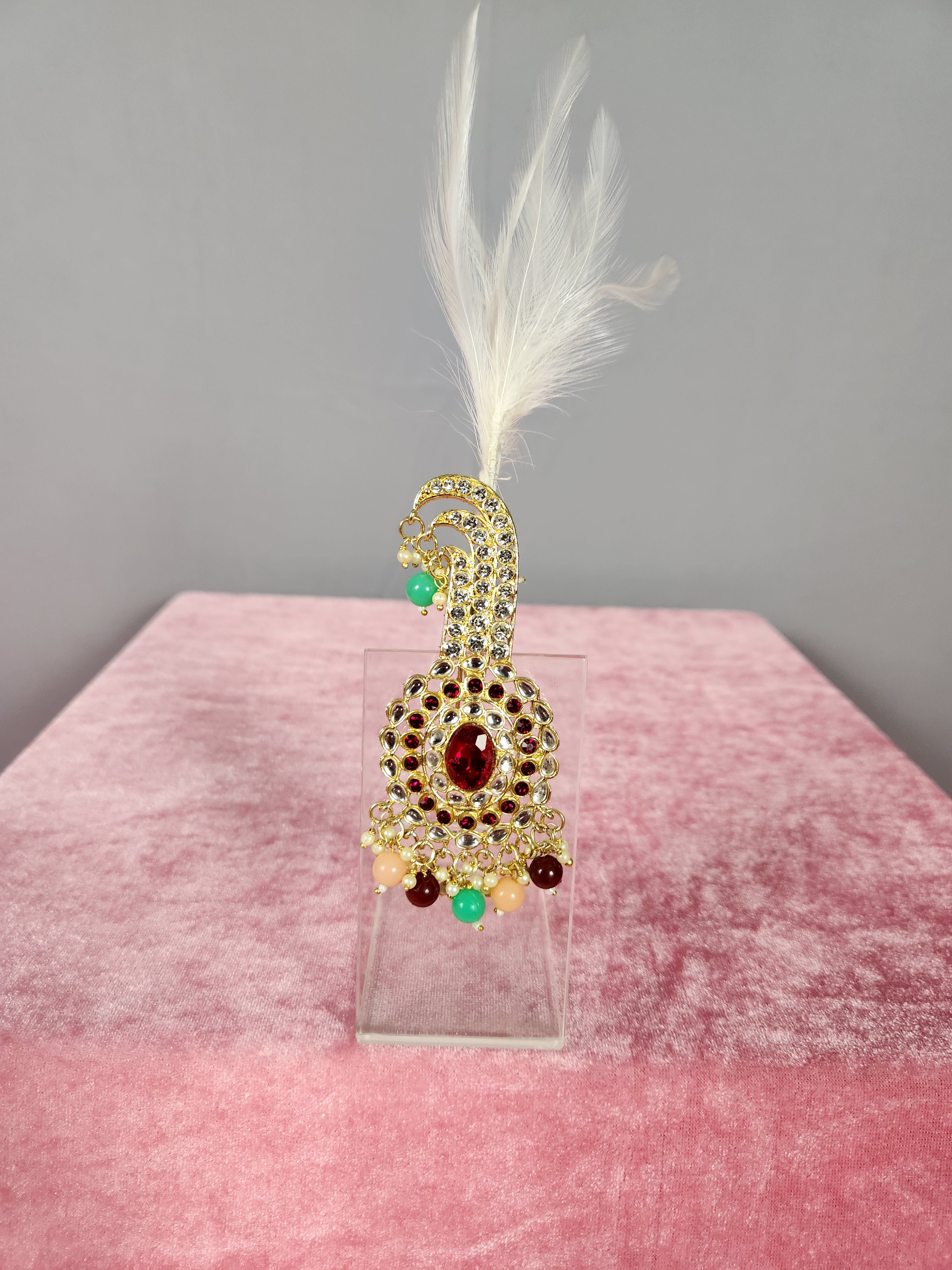 GROOM TURBAN BROOCH WITH RED & PEACH STONES