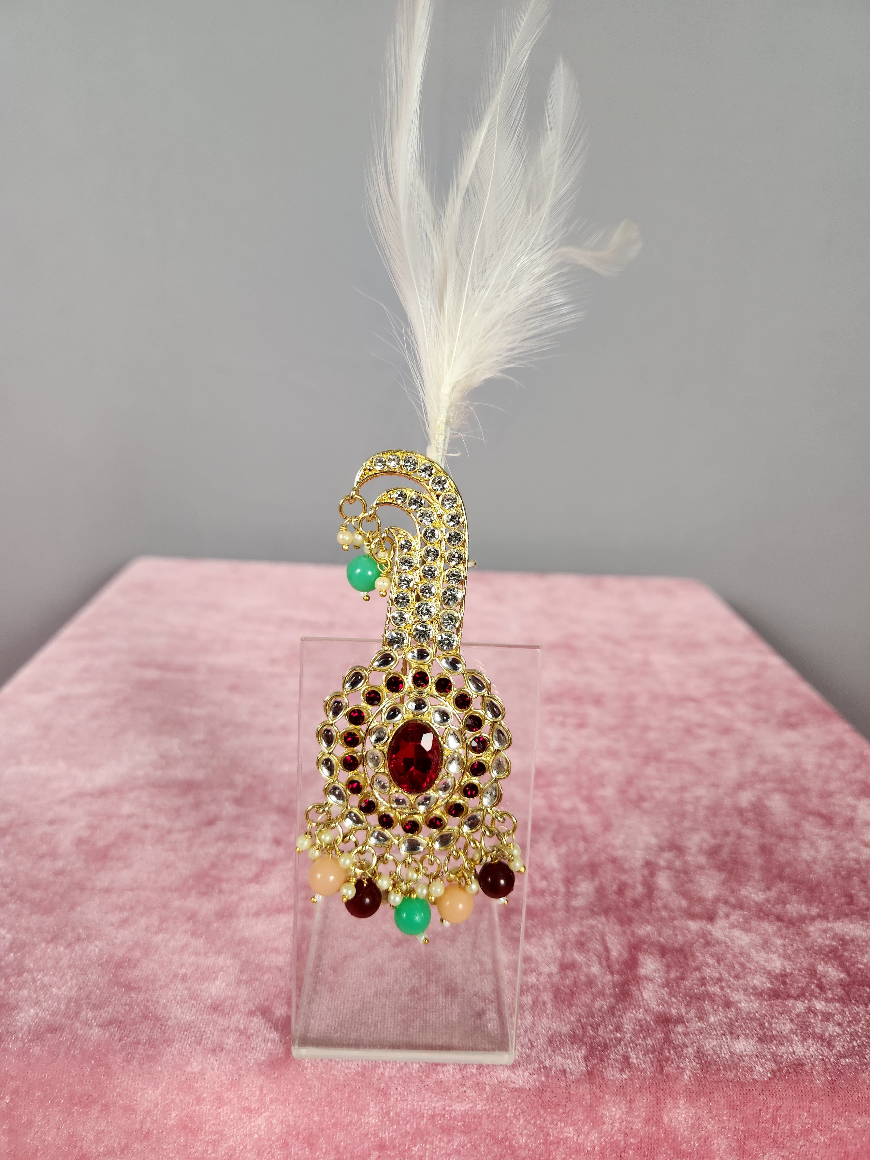 GROOM TURBAN BROOCH WITH RED & PEACH STONES