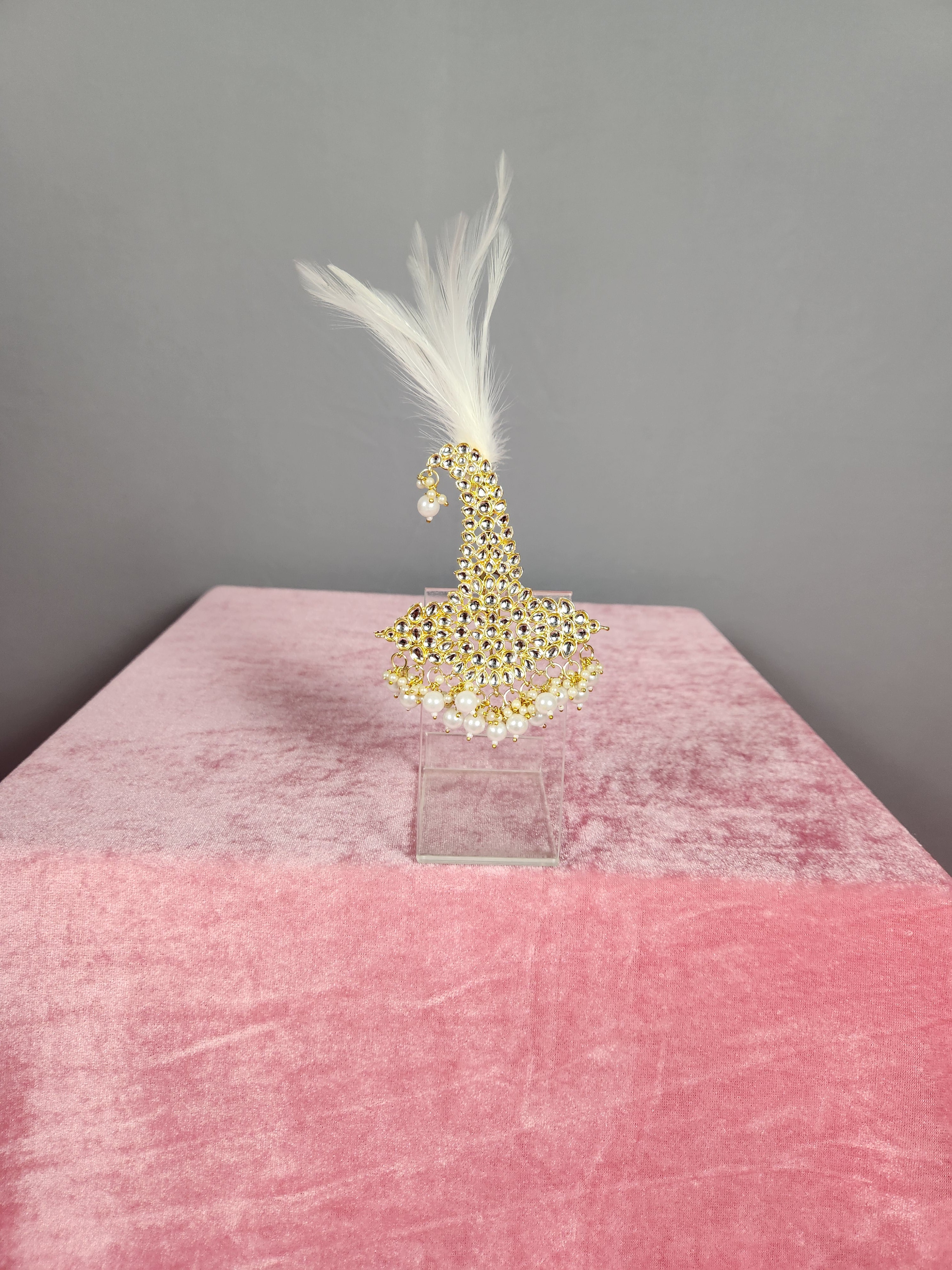 GROOM TURBAN BROOCH WITH WHITE KUNDAN STONES PEACOCK SHAPE