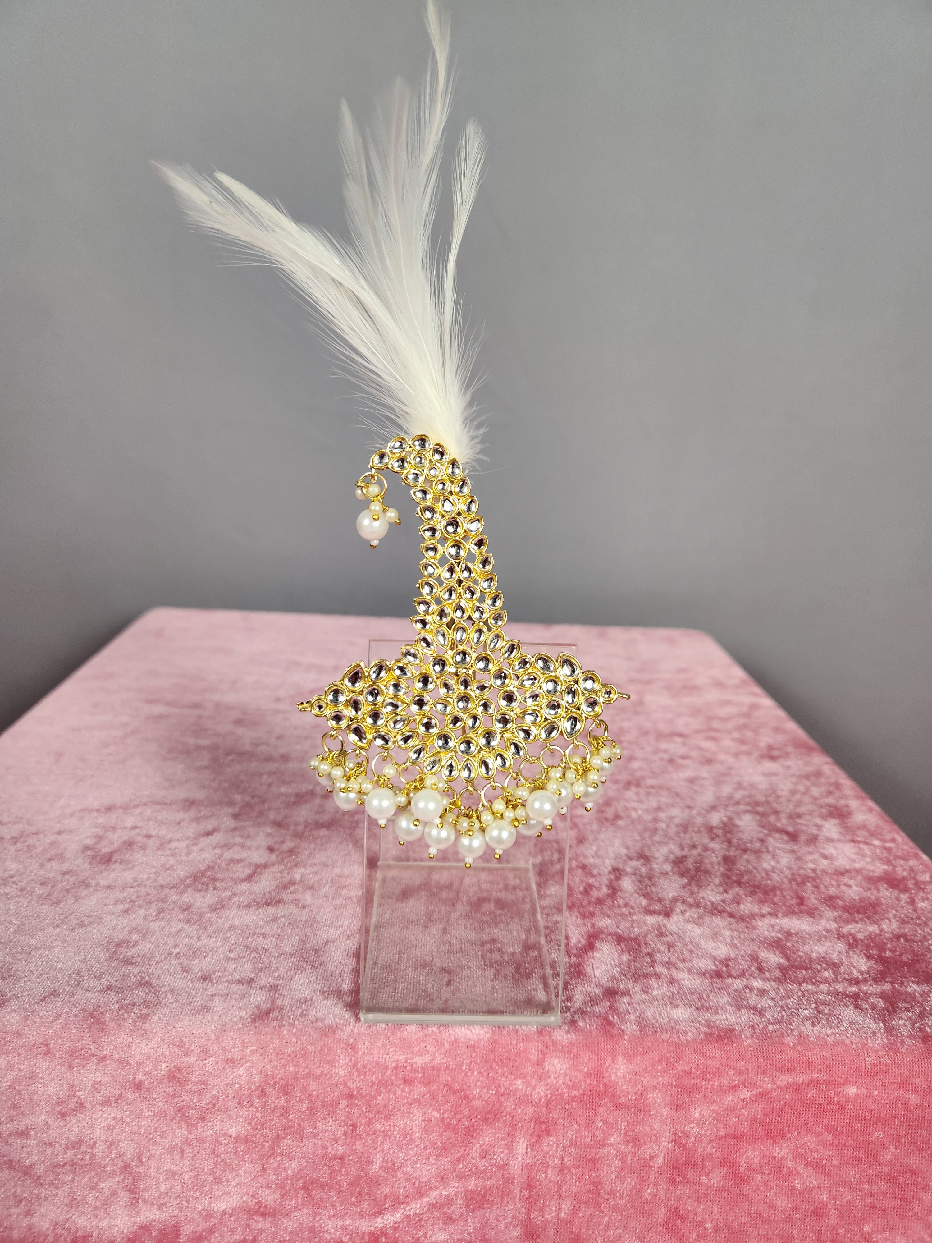 GROOM TURBAN BROOCH WITH WHITE KUNDAN STONES PEACOCK SHAPE