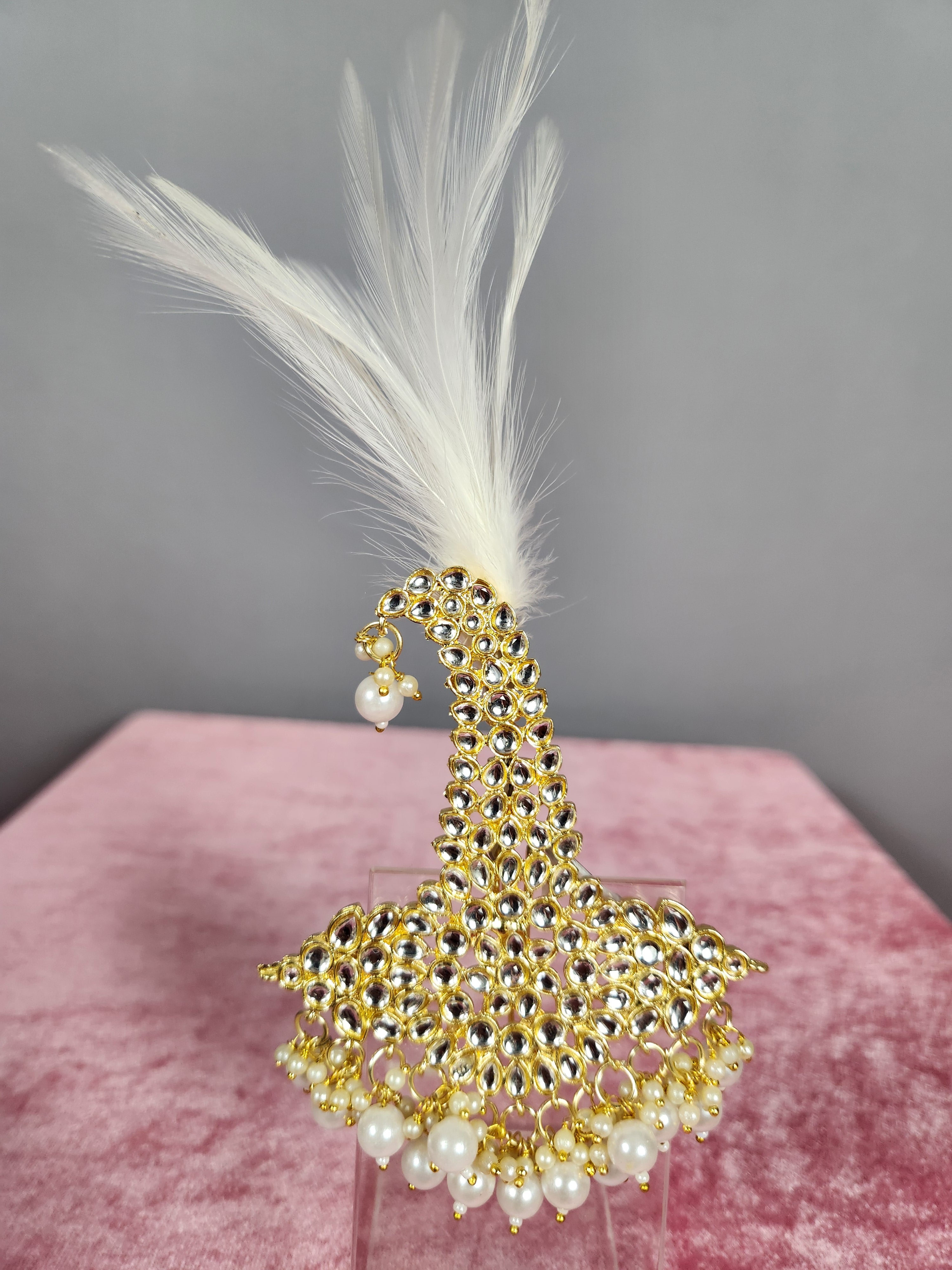 GROOM TURBAN BROOCH WITH WHITE KUNDAN STONES PEACOCK SHAPE