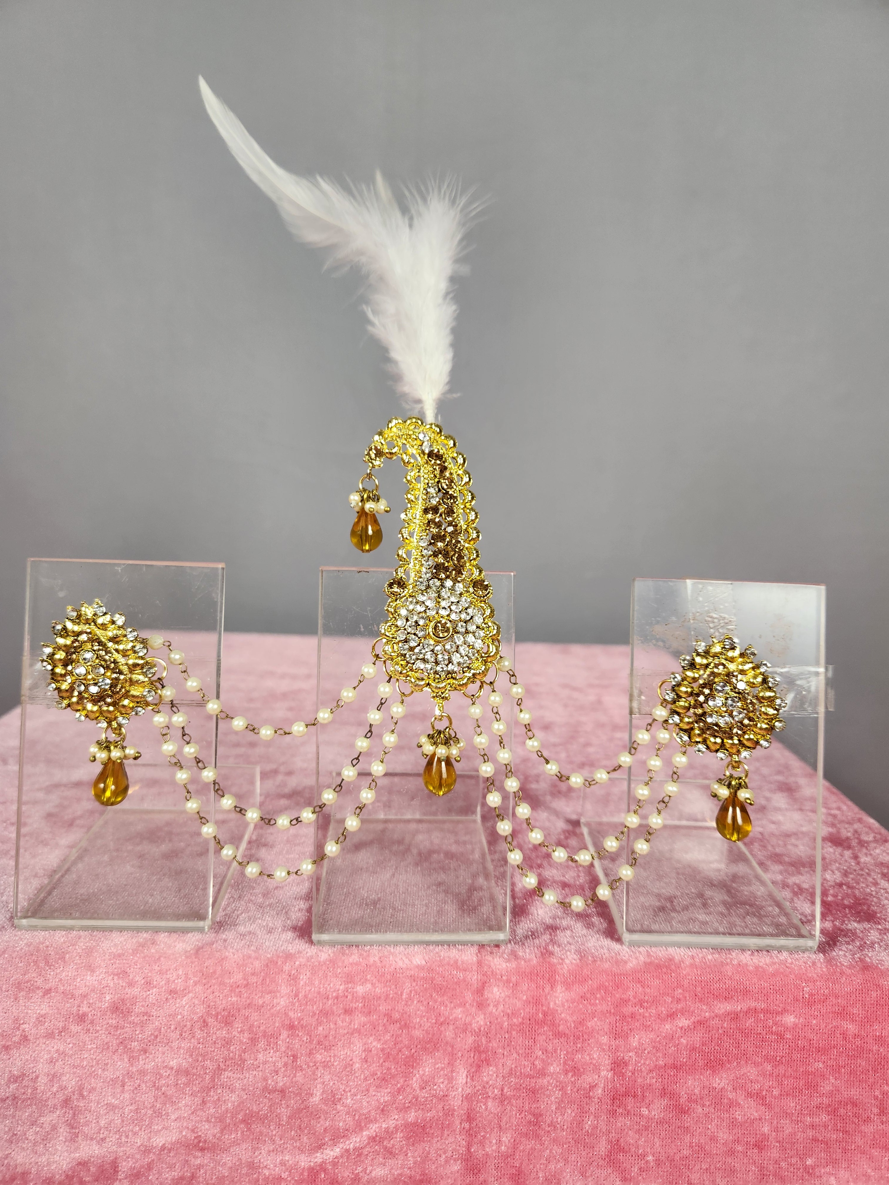 GROOM TURBAN BROOCH WITH BOTH SIDED PEARL CHAIN