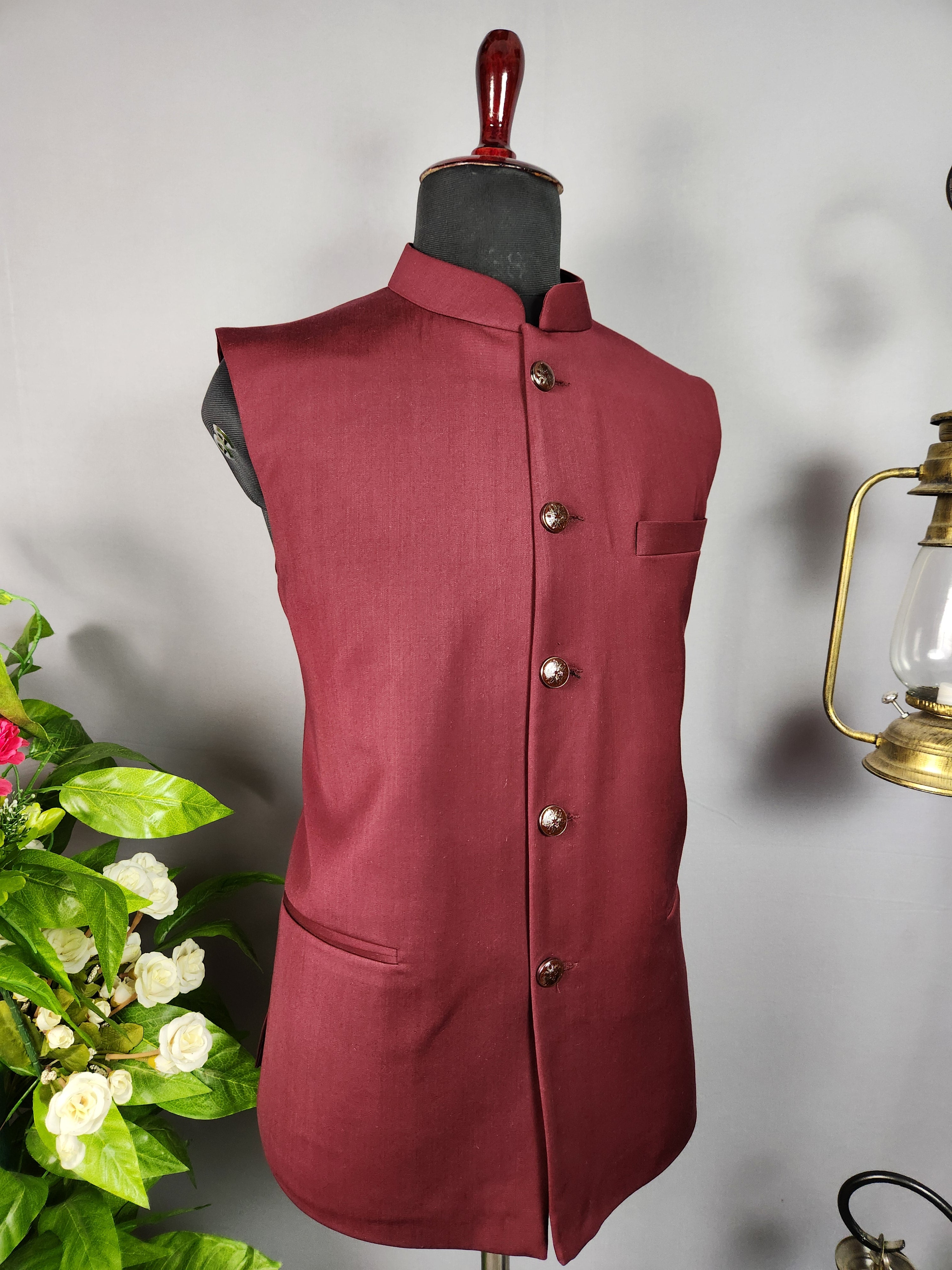 Red nehru jacket for men - Indian ethnic waistcoat ideal for weddings, festive events, and traditional functions