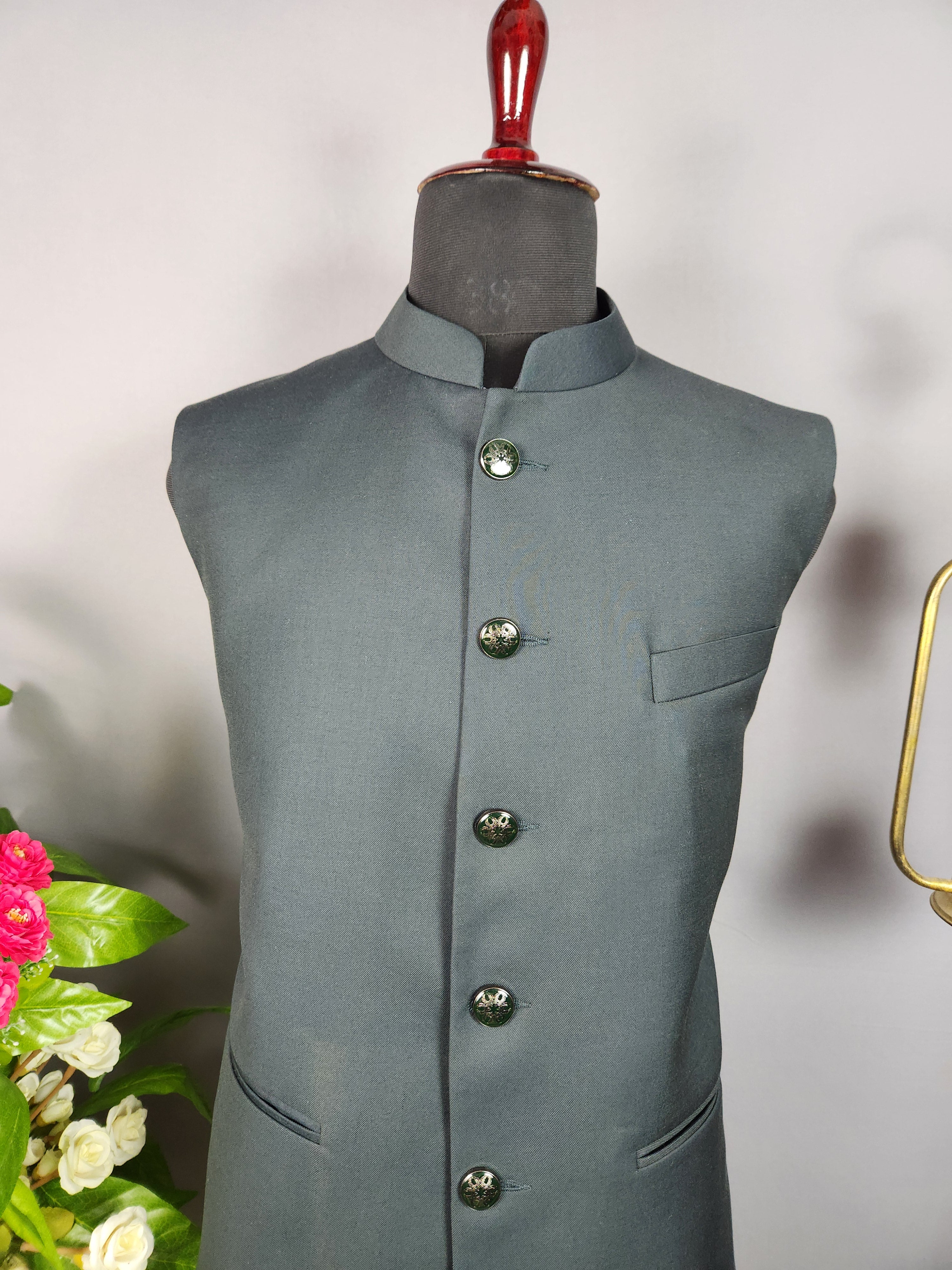 Dark green nehru jacket for men - Indian ethnic waistcoat ideal for weddings, festive events, and traditional functions
