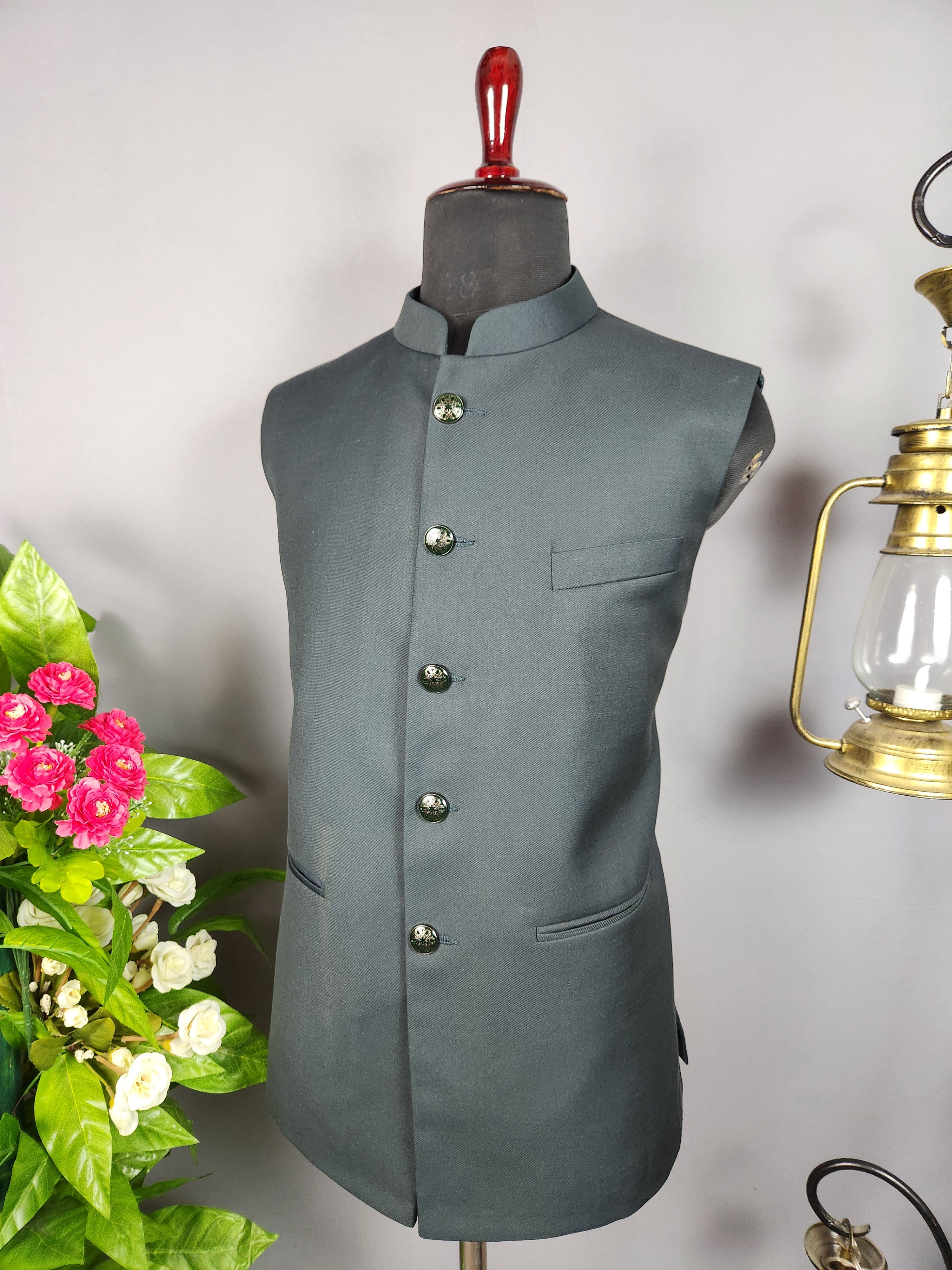 Dark green nehru jacket for men - Indian ethnic waistcoat ideal for weddings, festive events, and traditional functions