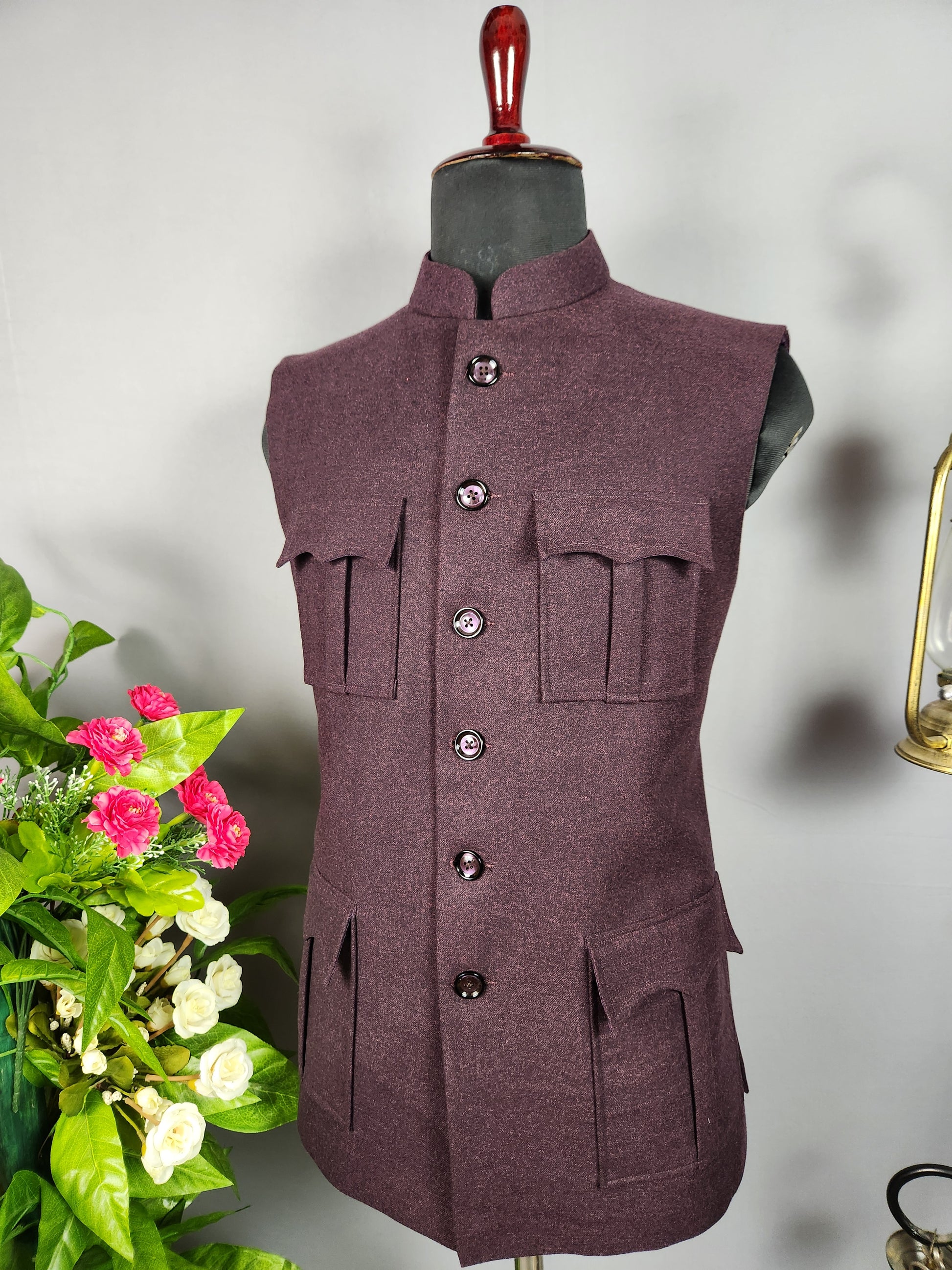 Tweed wine nehru jacket for men - Indian ethnic waistcoat ideal for weddings, festive events, and traditional functions