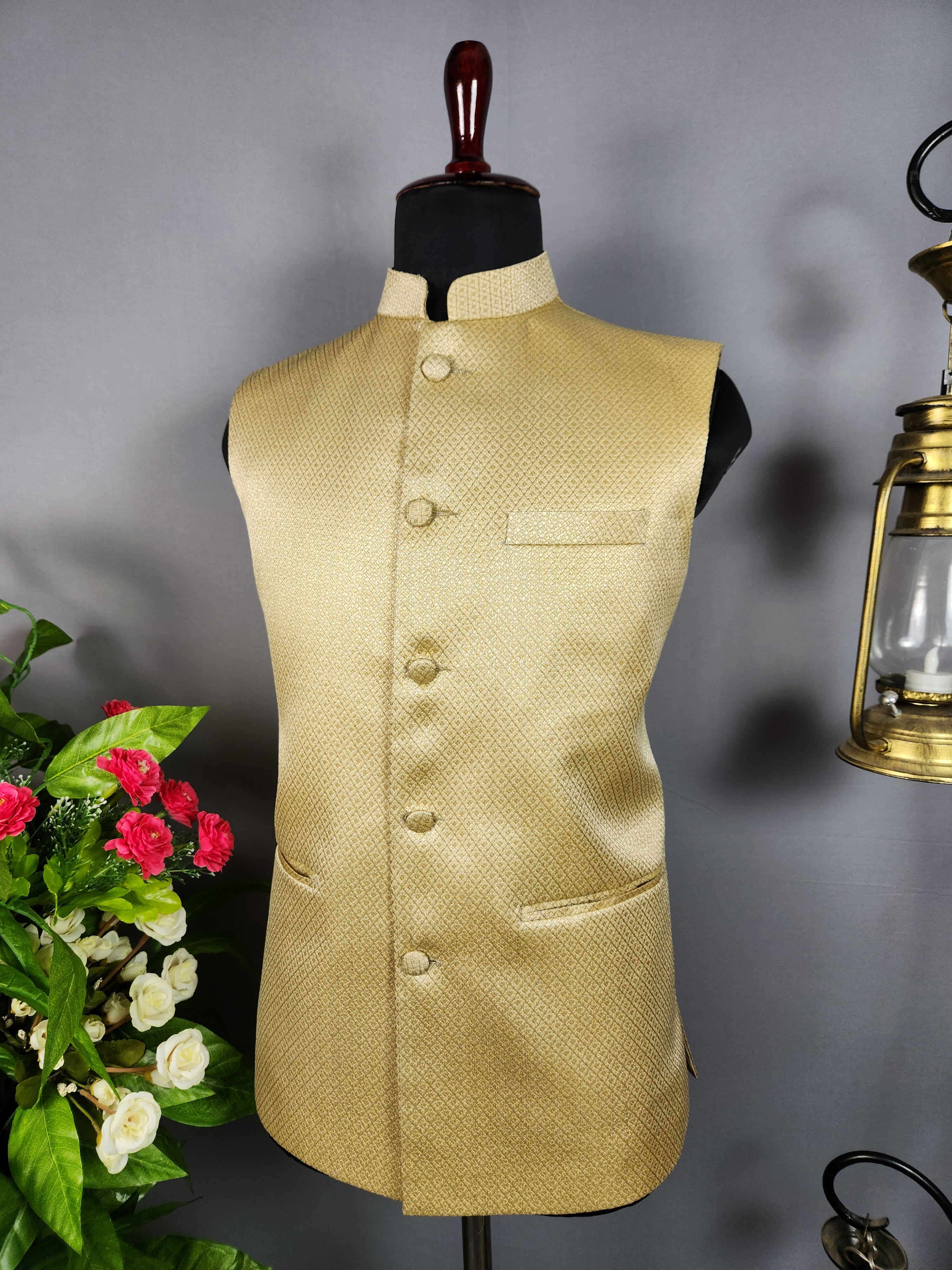 Golden nehru jacket for men - Indian ethnic waistcoat ideal for weddings, festive events, and traditional functions