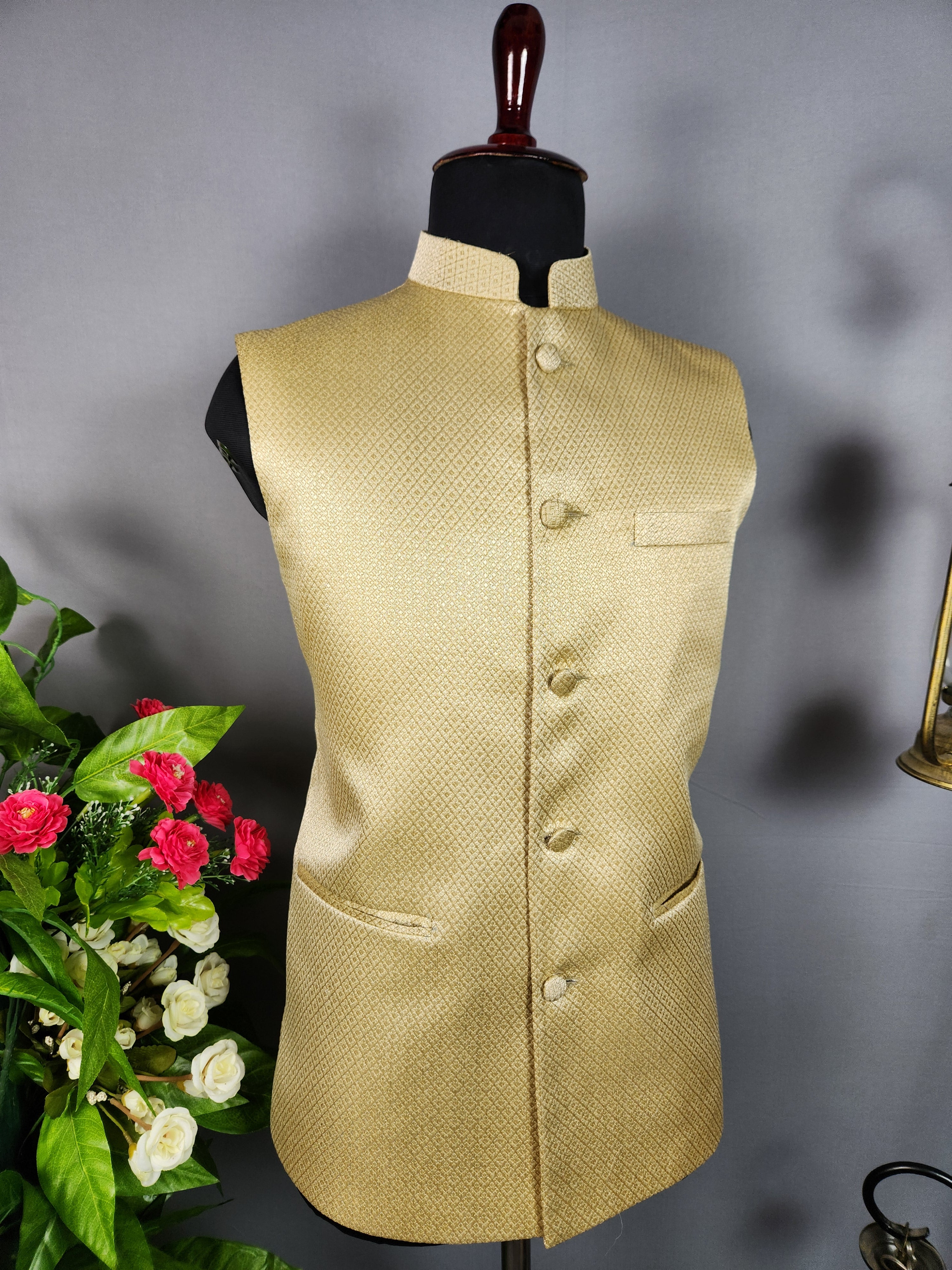 Golden nehru jacket for men - Indian ethnic waistcoat ideal for weddings, festive events, and traditional functions