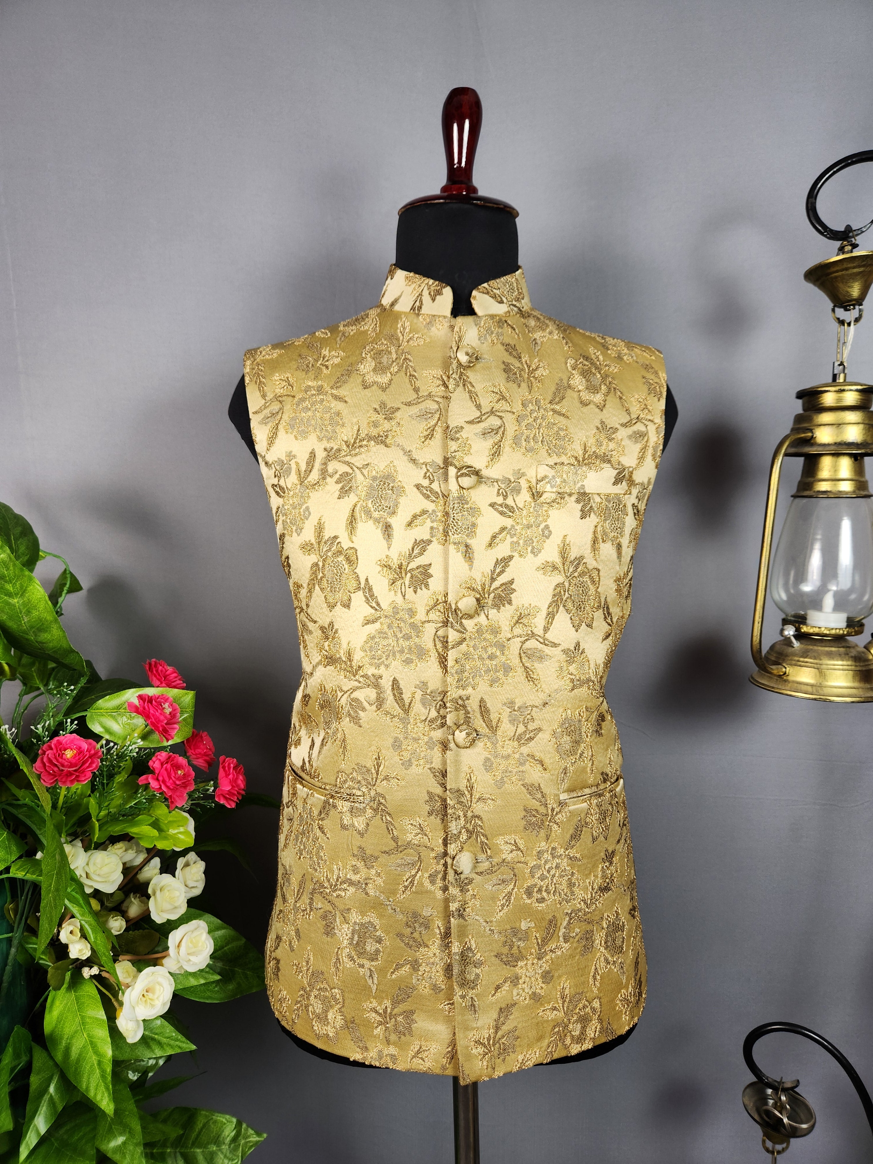 Golden nehru jacket for men - Indian ethnic waistcoat ideal for weddings, festive events, and traditional functions