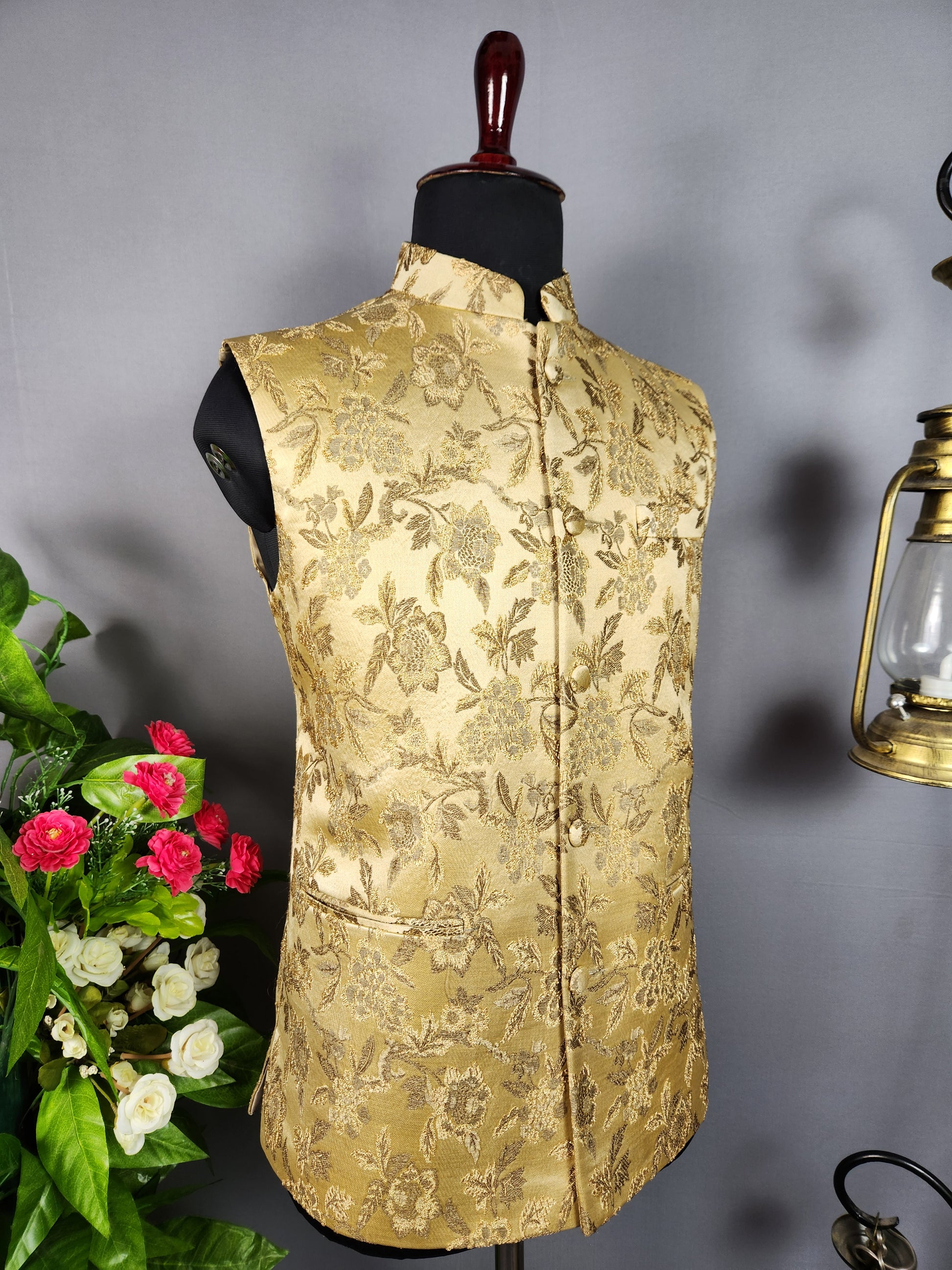 Golden nehru jacket for men - Indian ethnic waistcoat ideal for weddings, festive events, and traditional functions