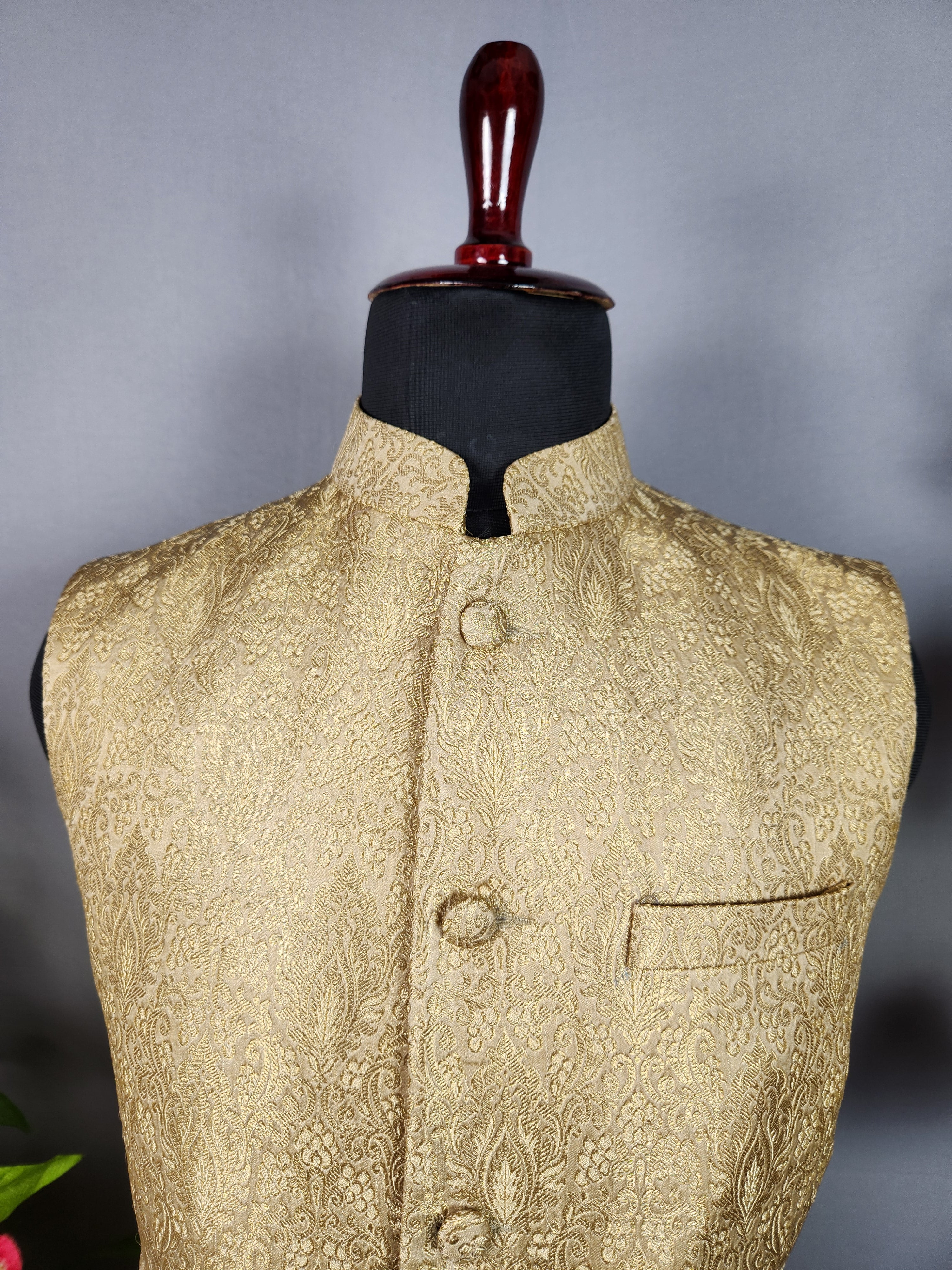 Golden nehru jacket for men - Indian ethnic waistcoat ideal for weddings, festive events, and traditional functions