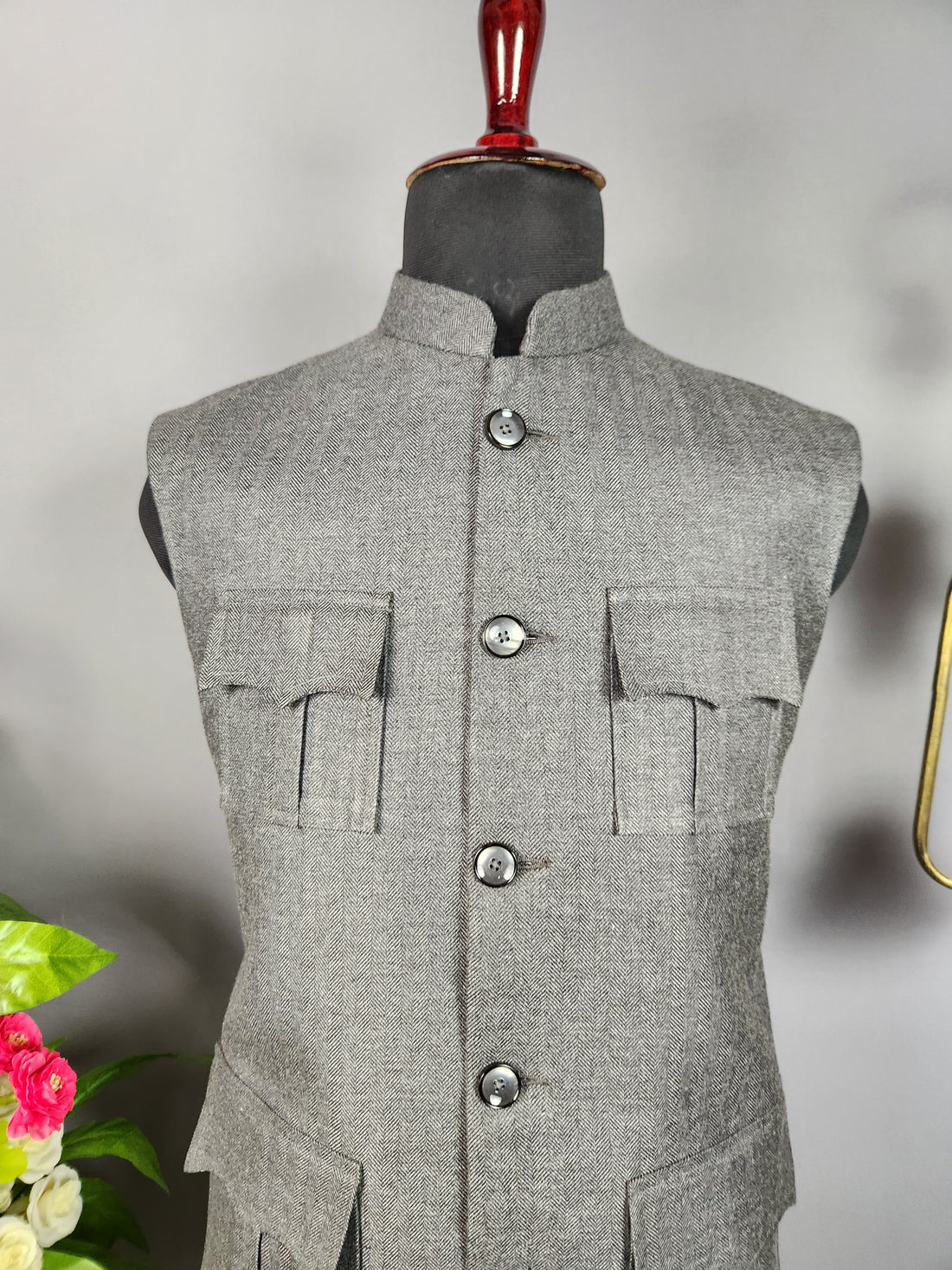Gray Tweed Nehru Jacket for Men | Indian Ethnic Waistcoat for Weddings & Celebrations
