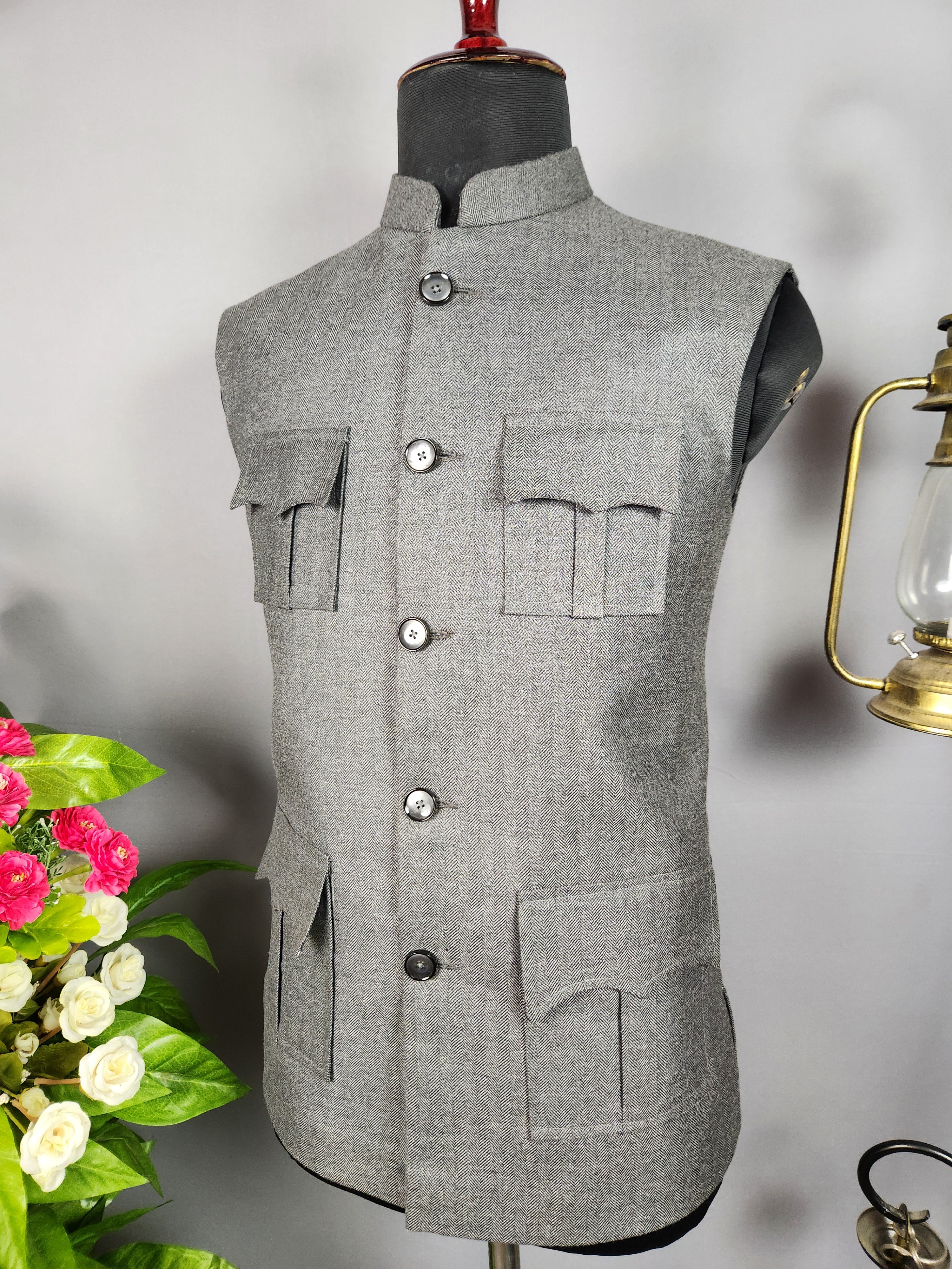 Gray Tweed Nehru Jacket for Men | Indian Ethnic Waistcoat for Weddings & Celebrations