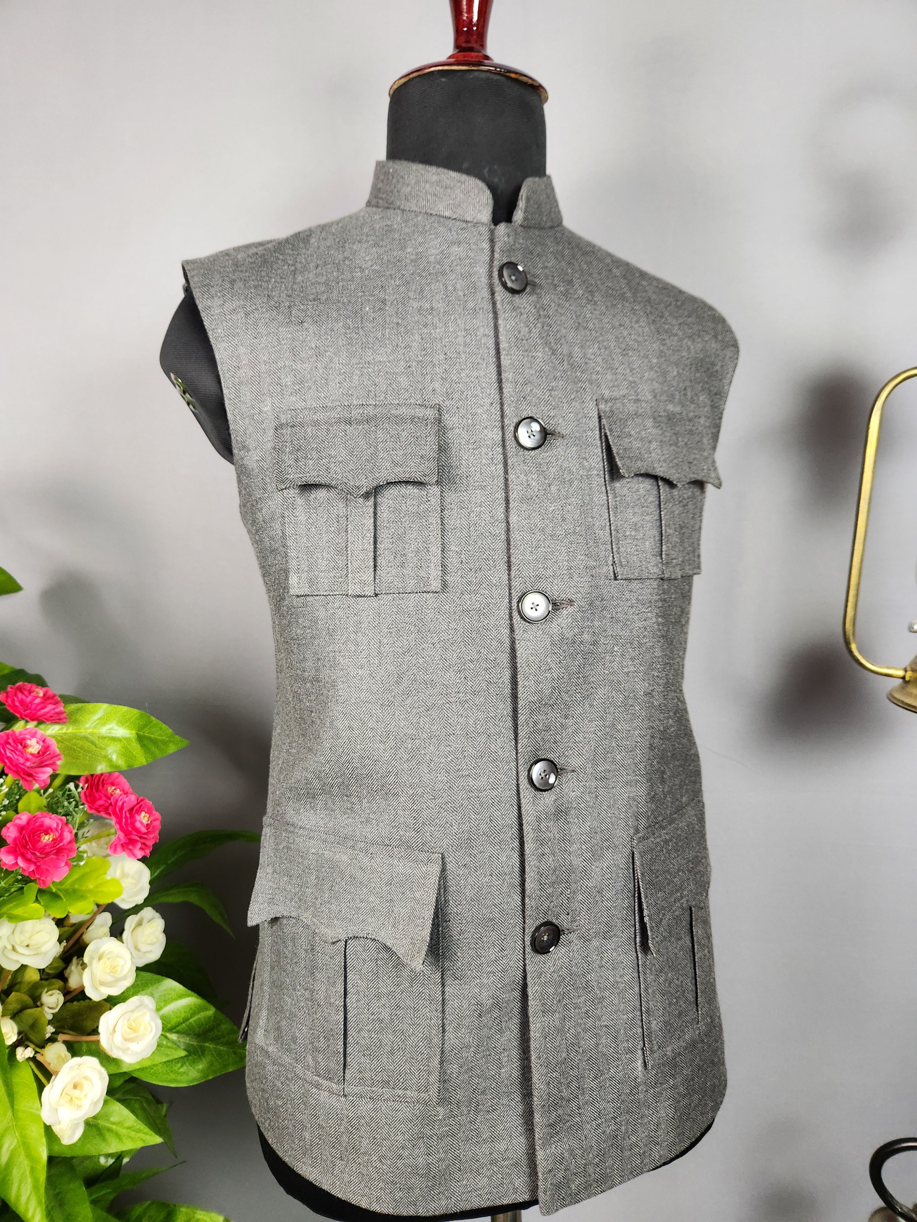 Gray Tweed Nehru Jacket for Men | Indian Ethnic Waistcoat for Weddings & Celebrations