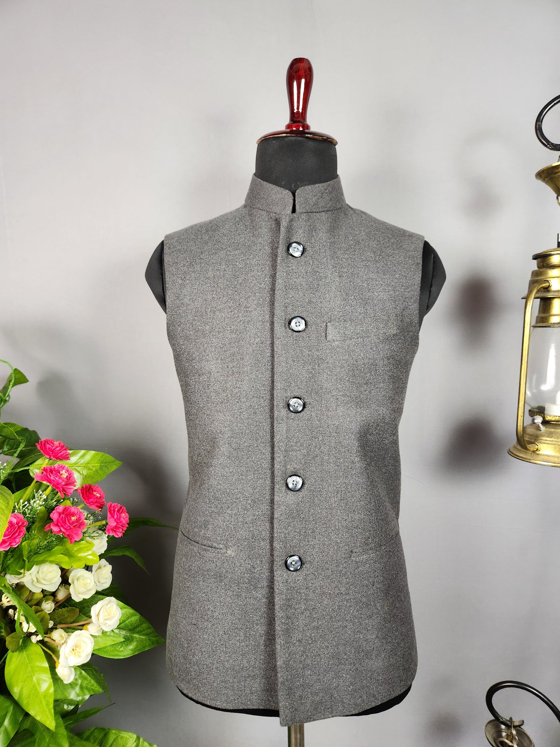 Gray tweed nehru jacket for men - Indian ethnic waistcoat ideal for weddings, festive events, and traditional functions