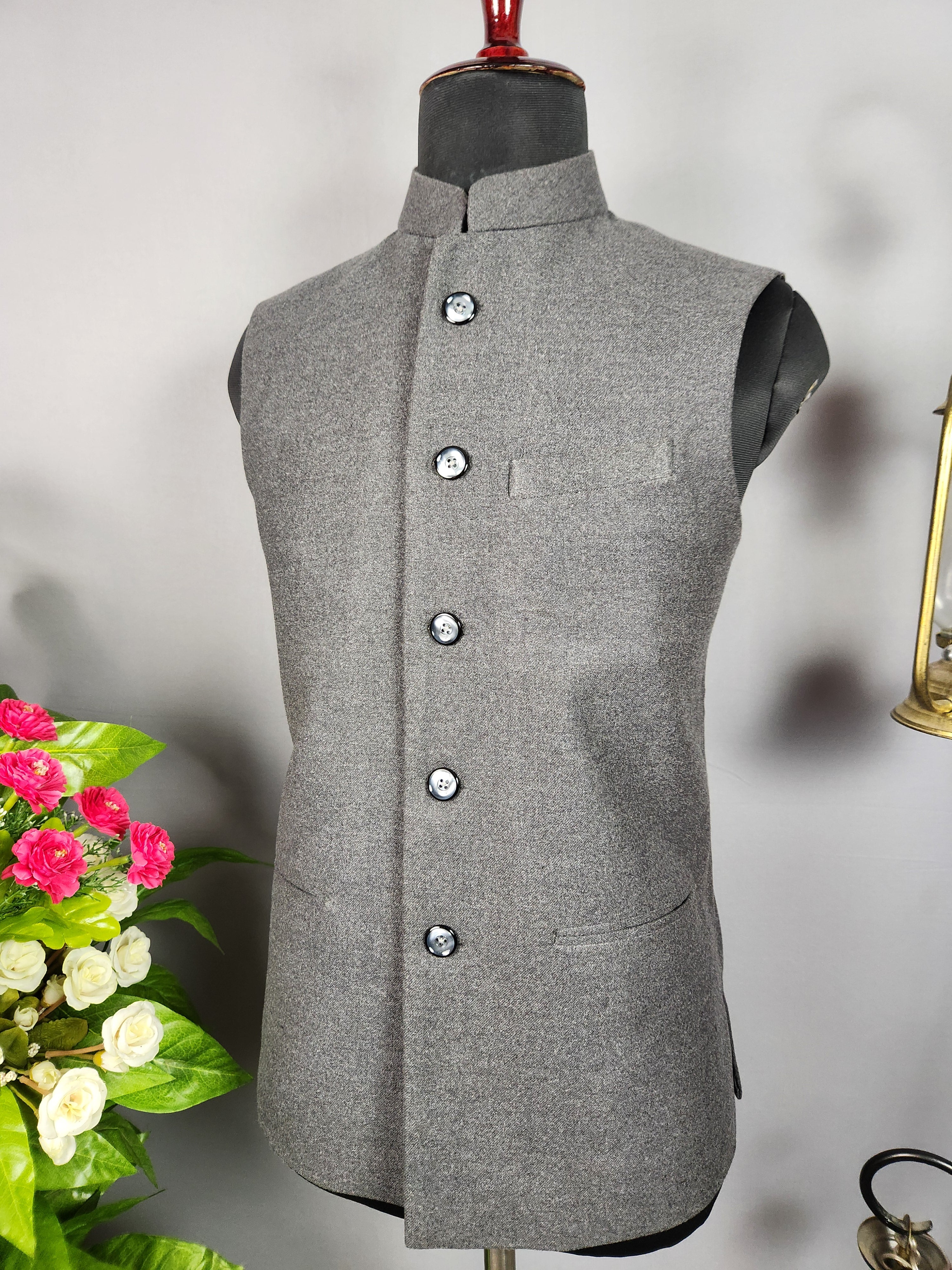 Gray tweed nehru jacket for men - Indian ethnic waistcoat ideal for weddings, festive events, and traditional functions