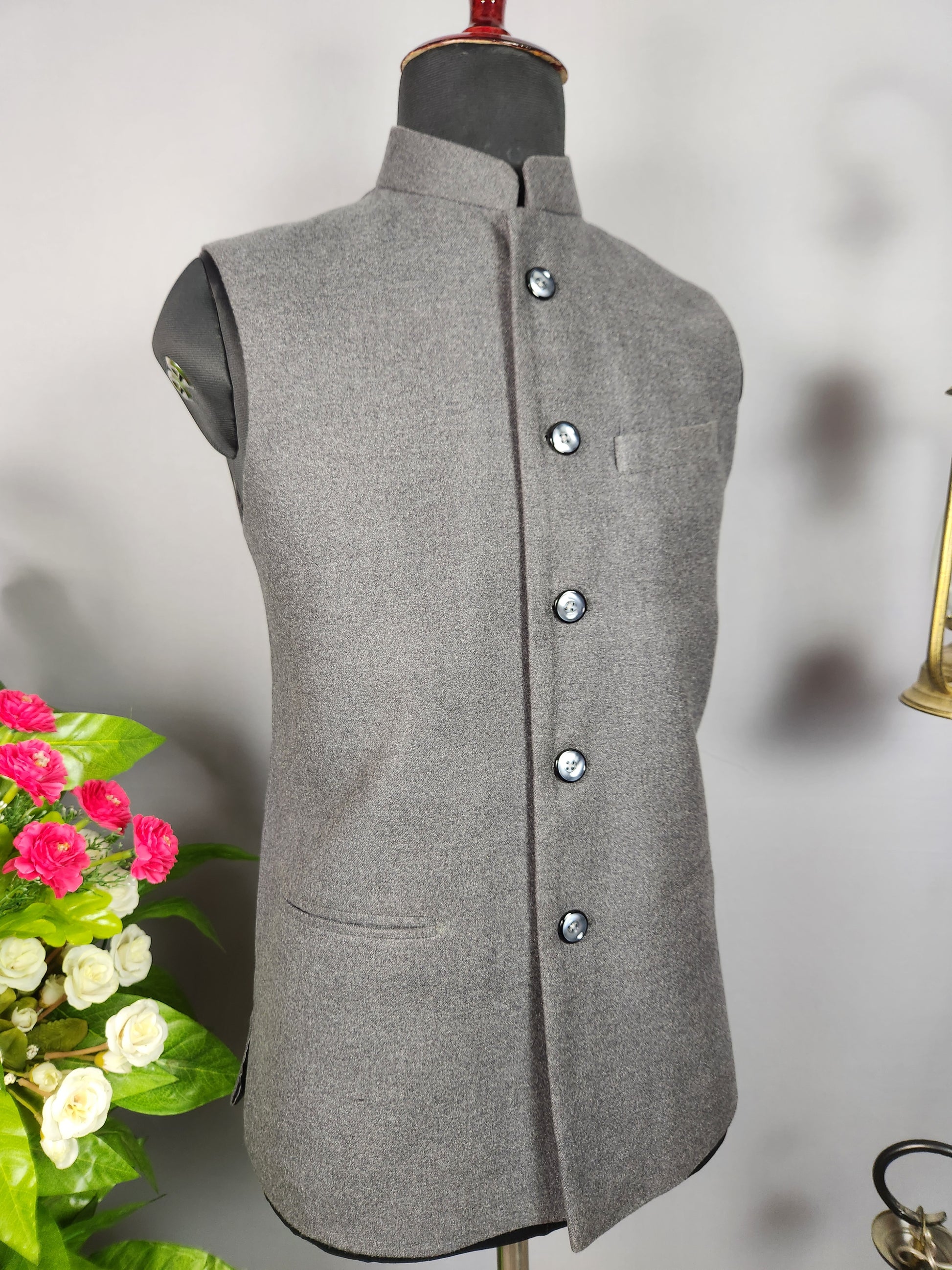 Gray tweed nehru jacket for men - Indian ethnic waistcoat ideal for weddings, festive events, and traditional functions