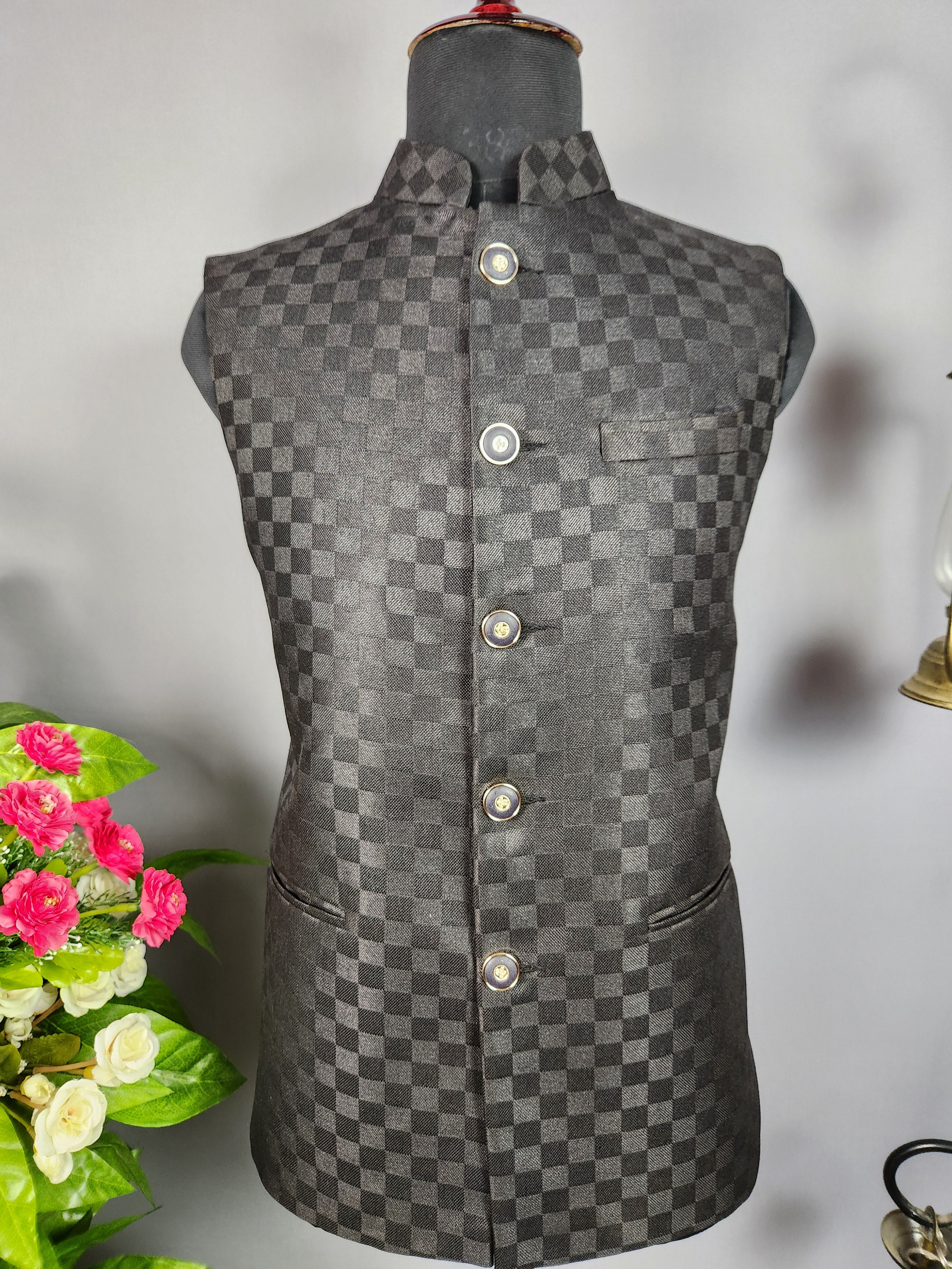 Black nehru jacket for men - Indian ethnic waistcoat ideal for weddings, festive events, and traditional functions