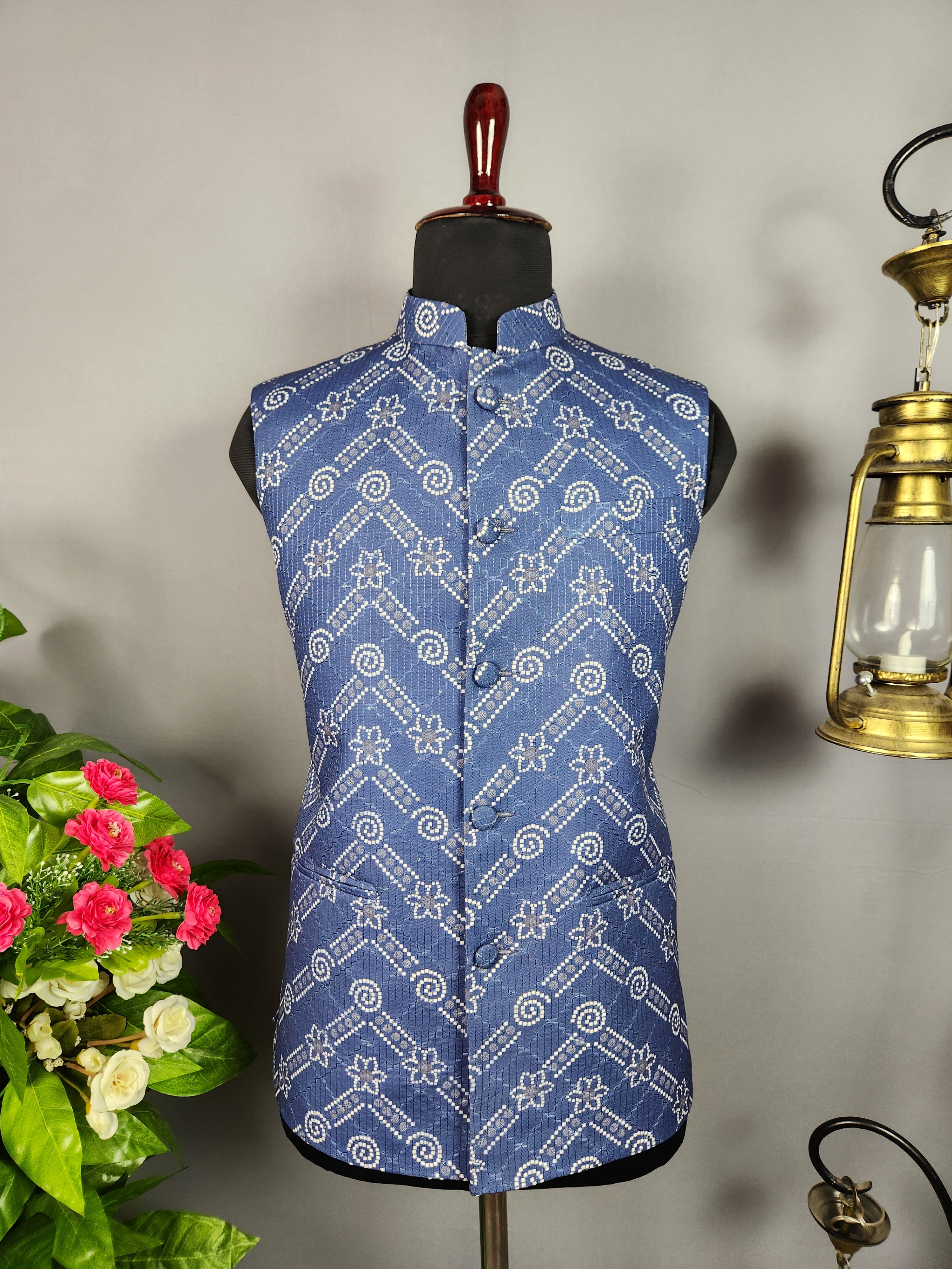 blue printed nehru jacket for men - Indian ethnic waistcoat ideal for weddings, festive events, and traditional functions