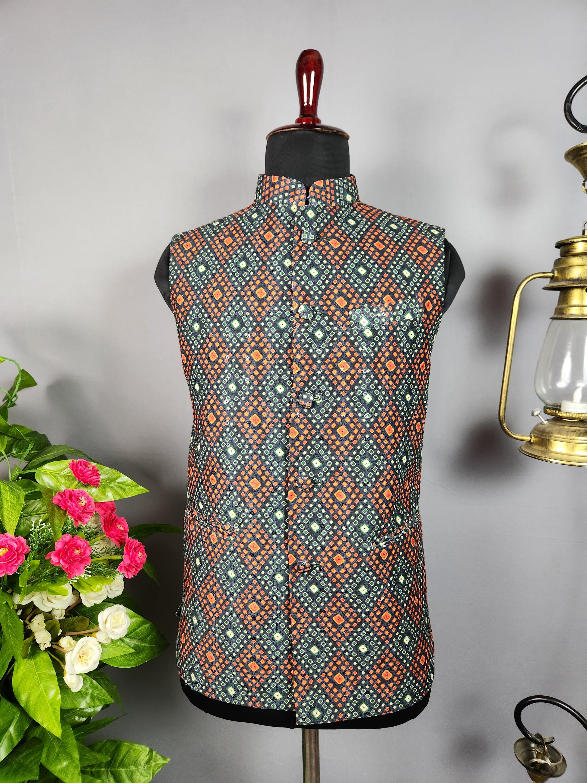 Black printed nehru jacket for men - Indian ethnic waistcoat ideal for weddings, festive events, and traditional functions