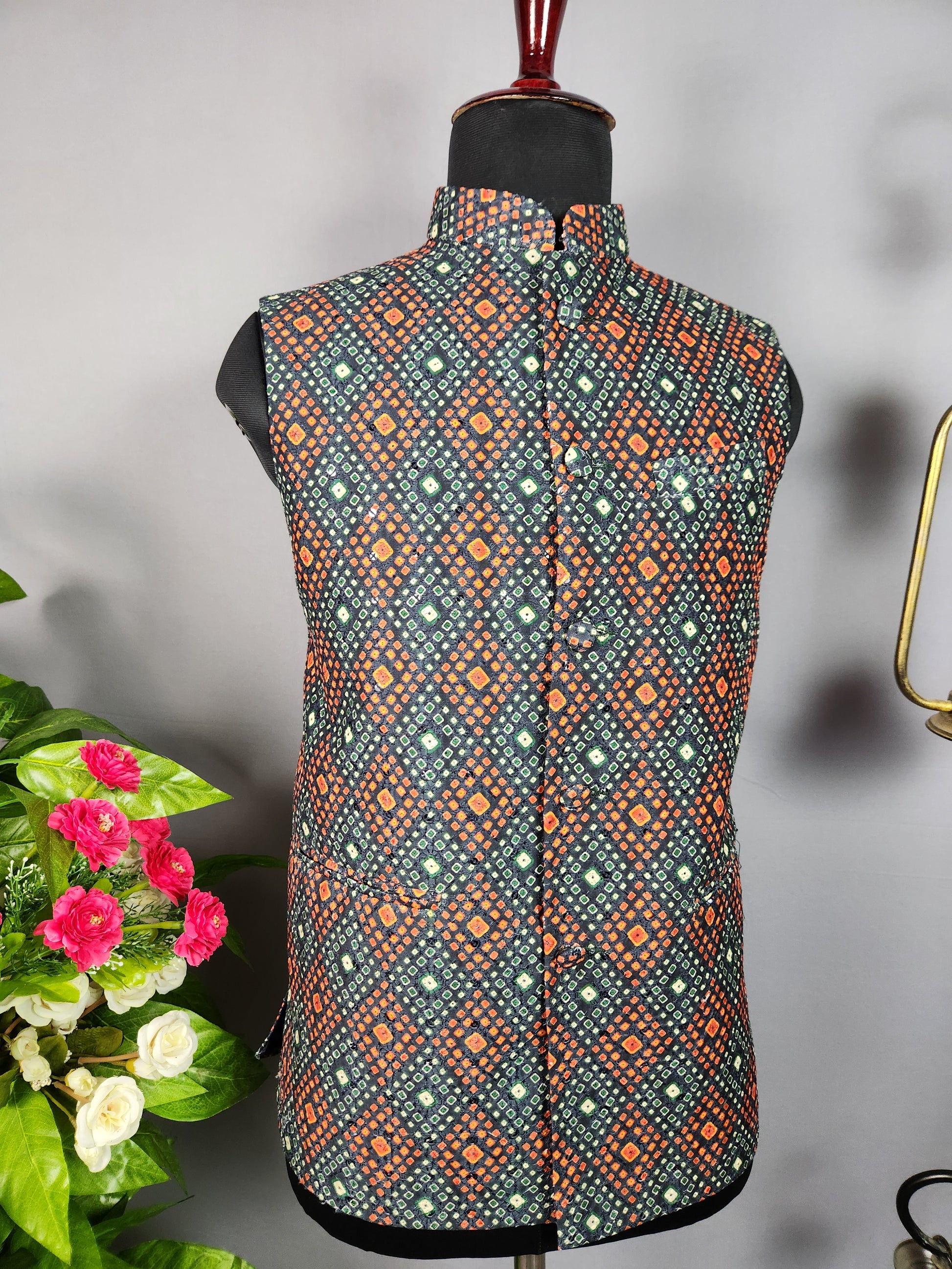 Black printed nehru jacket for men - Indian ethnic waistcoat ideal for weddings, festive events, and traditional functions