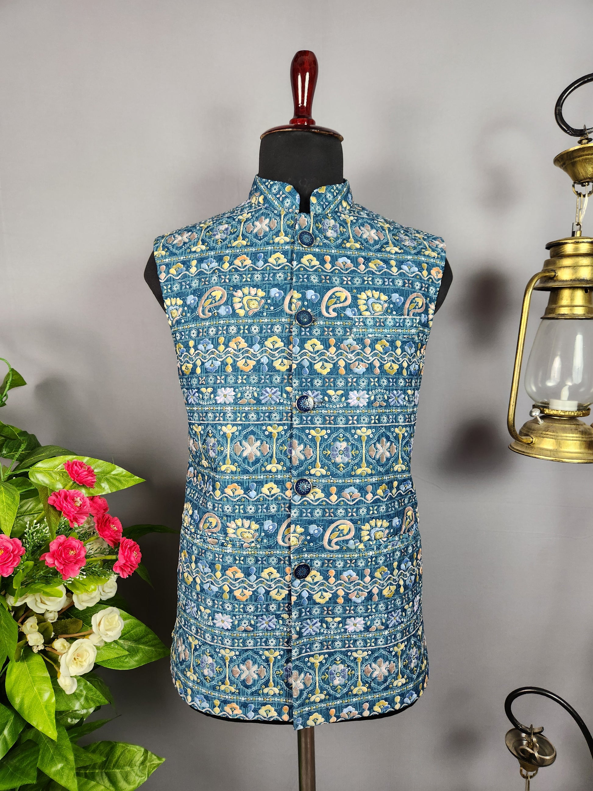 blue printed nehru jacket for men - Indian ethnic waistcoat ideal for weddings, festive events, and traditional functions