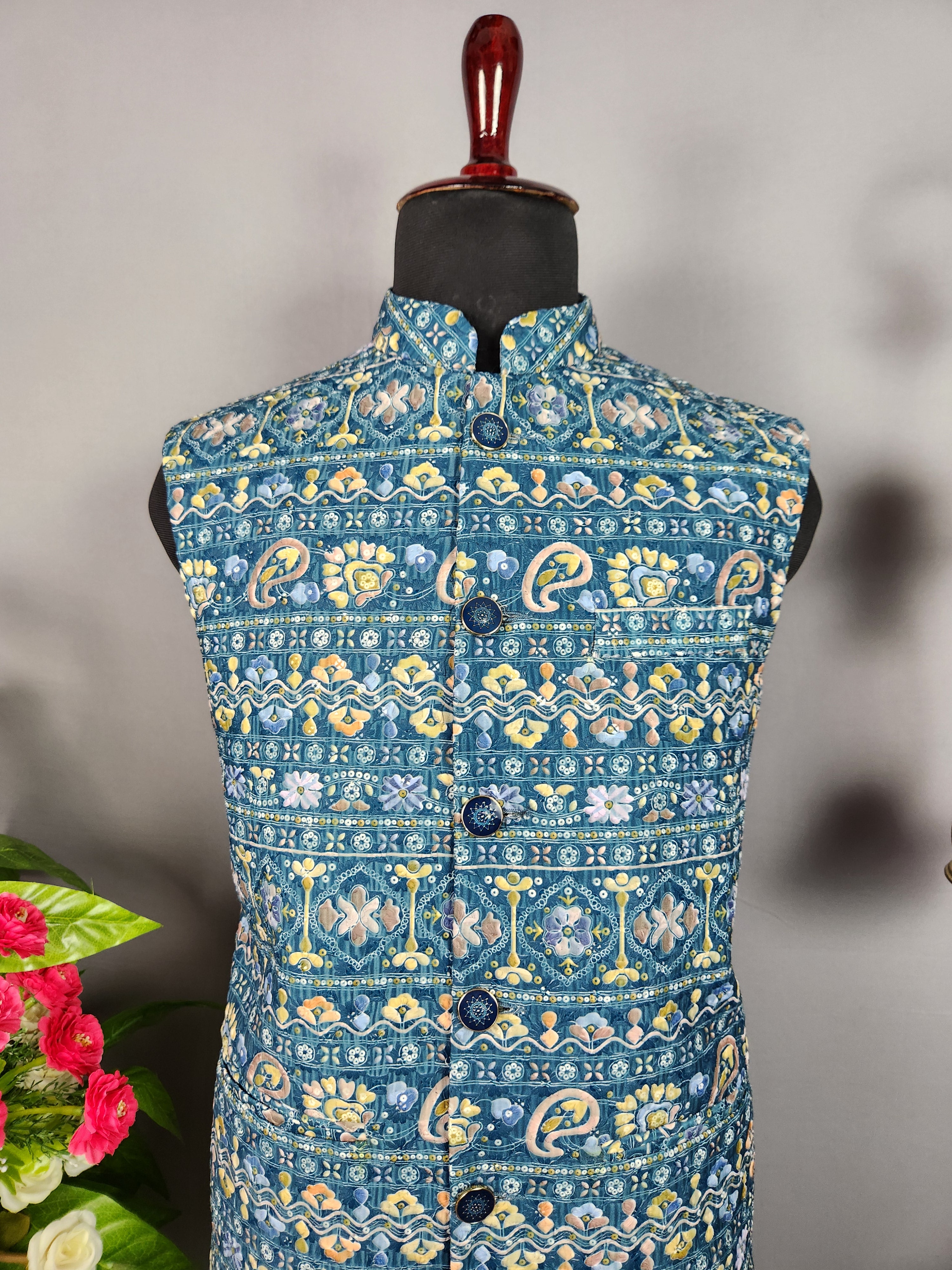 blue printed nehru jacket for men - Indian ethnic waistcoat ideal for weddings, festive events, and traditional functions