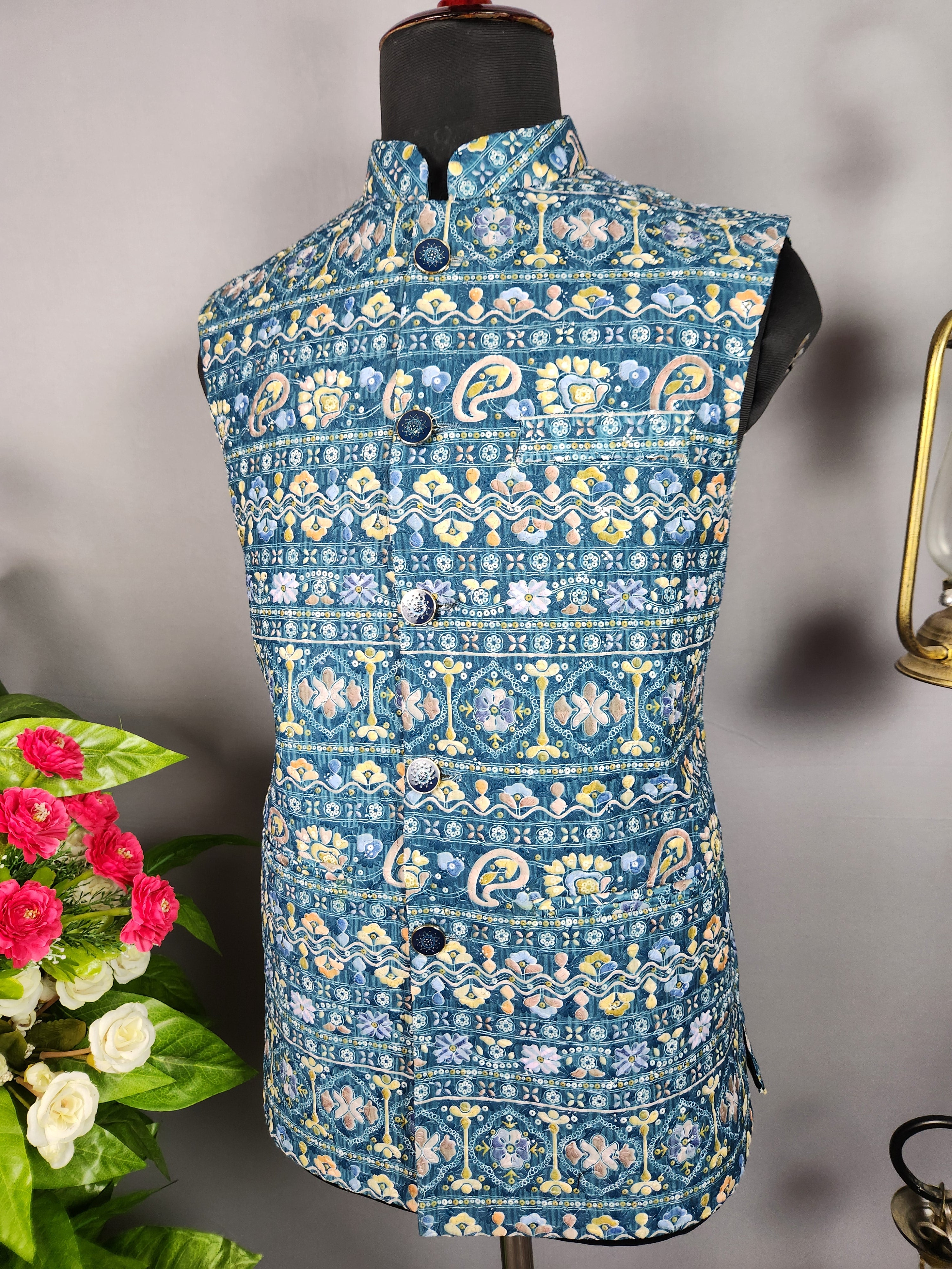 blue printed nehru jacket for men - Indian ethnic waistcoat ideal for weddings, festive events, and traditional functions