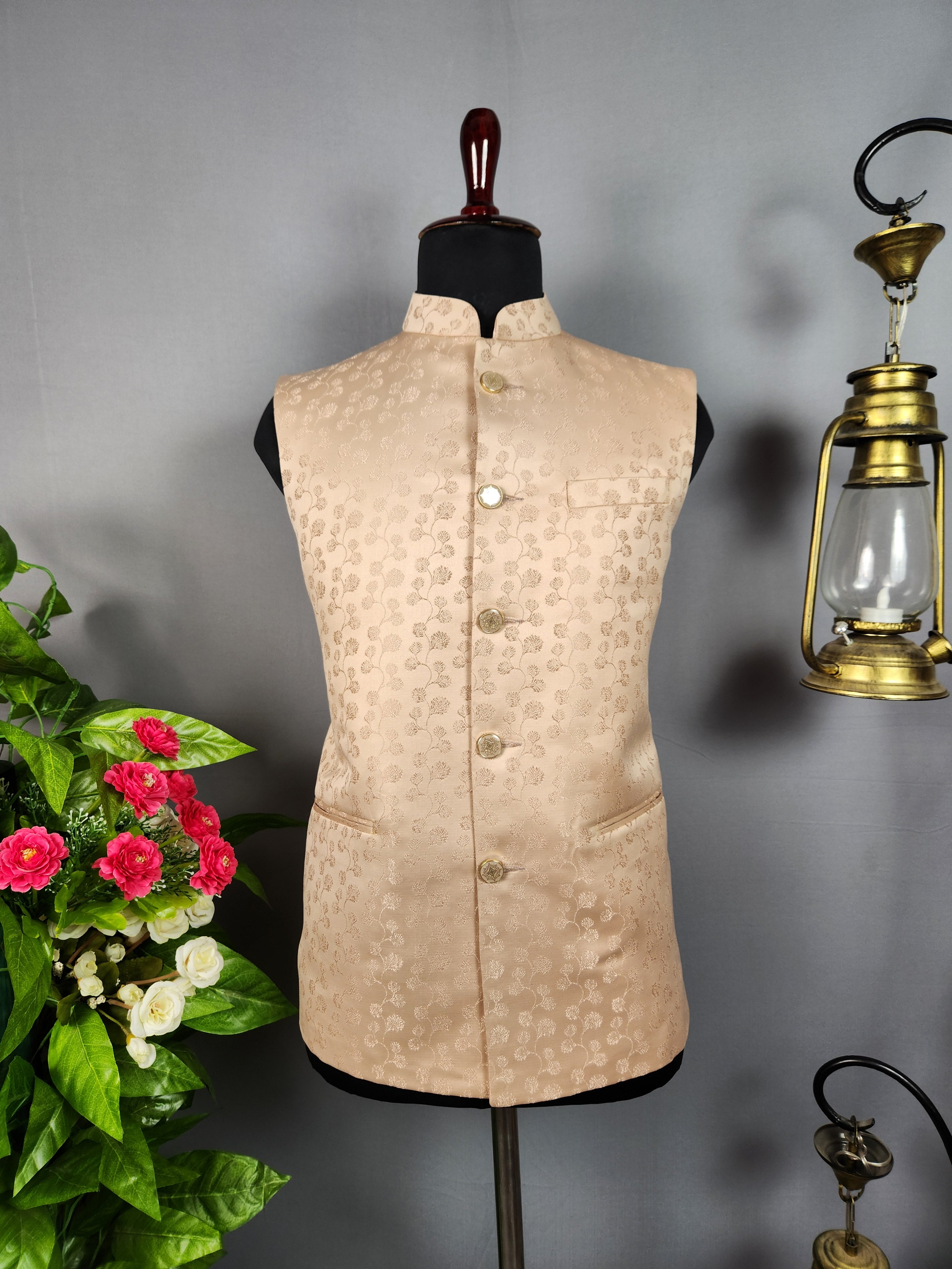 Peach nehru jacket for men - Indian ethnic waistcoat ideal for weddings, festive events, and traditional functions