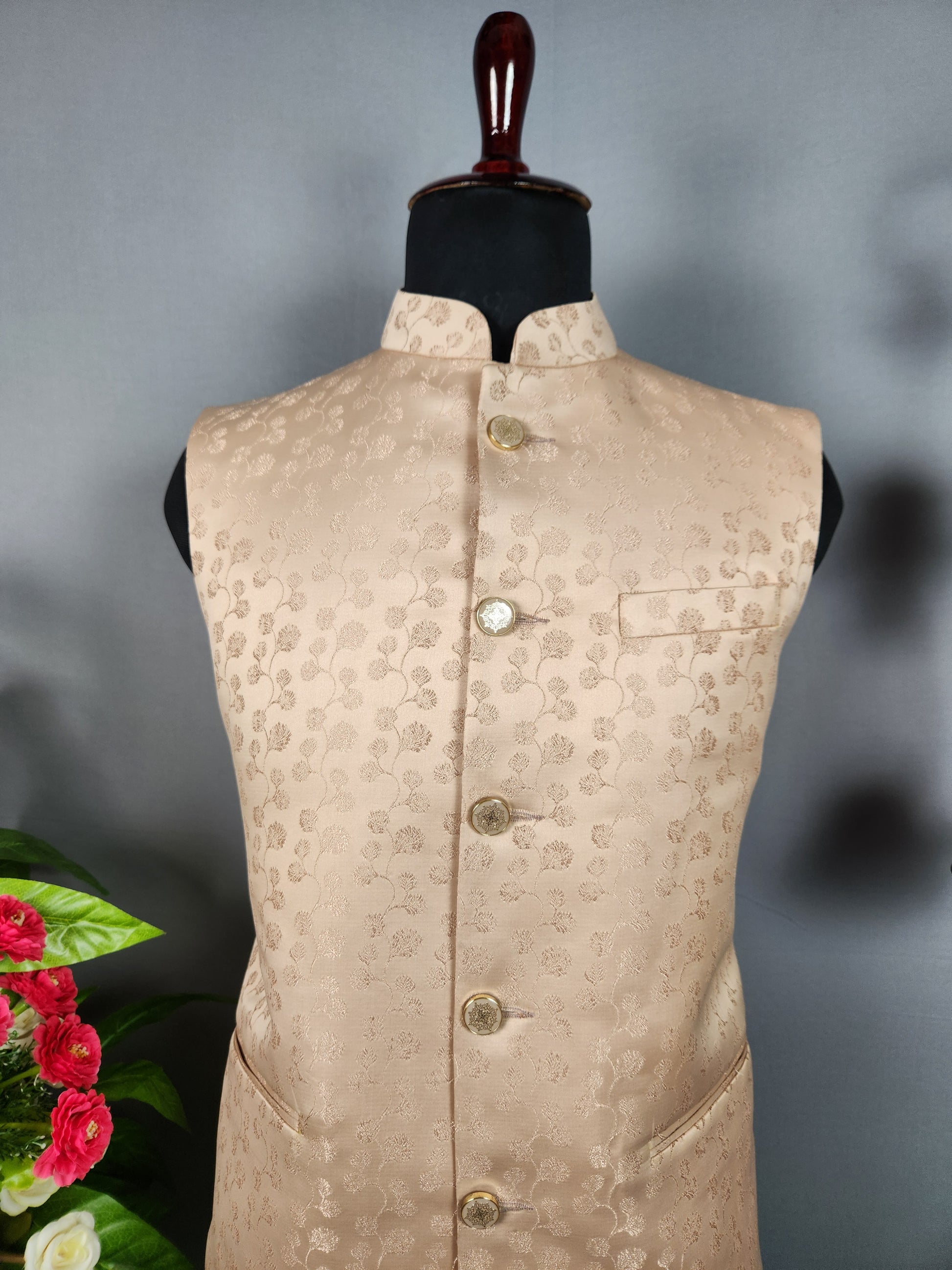 Peach nehru jacket for men - Indian ethnic waistcoat ideal for weddings, festive events, and traditional functions