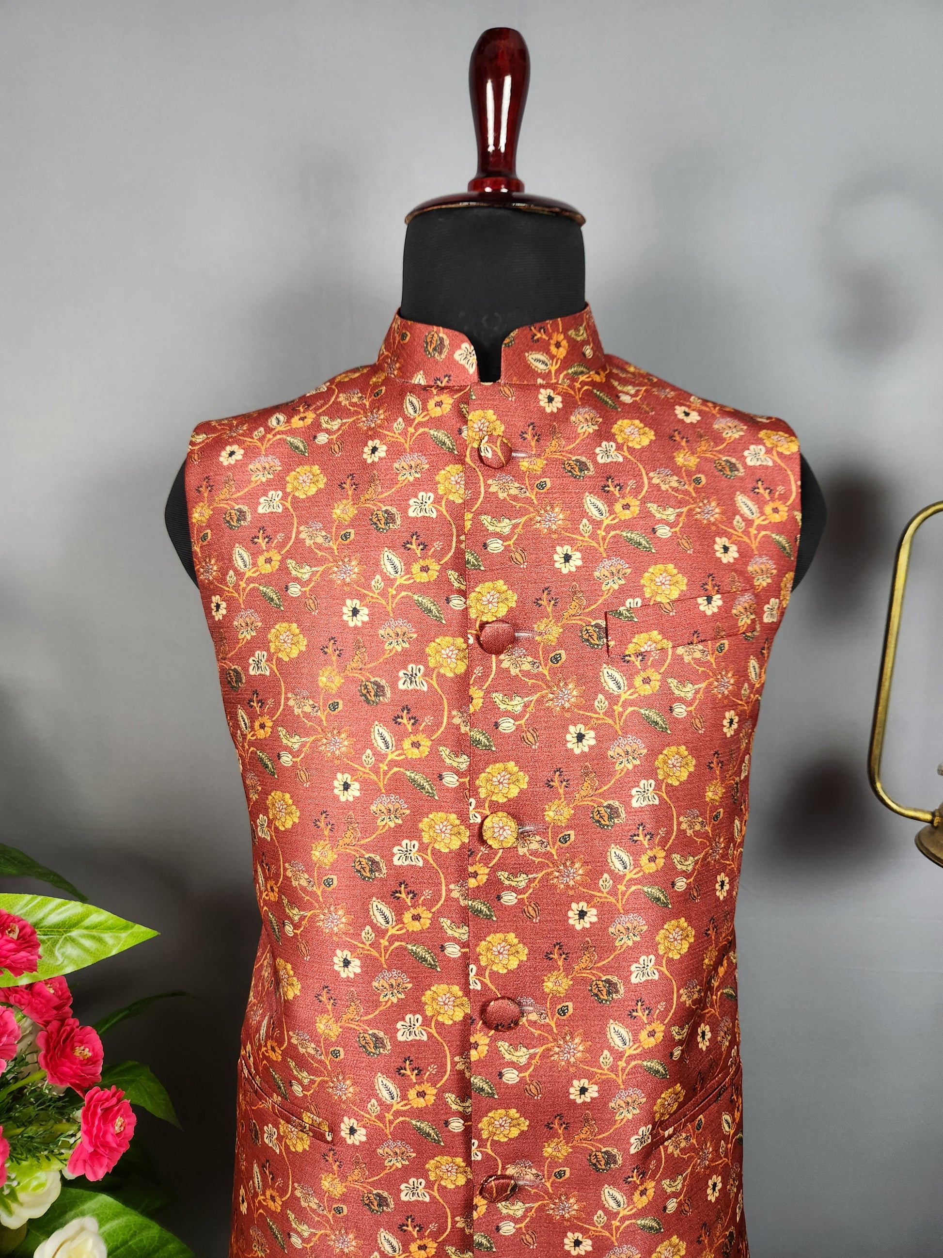 Red nehru jacket for men - Indian ethnic waistcoat ideal for weddings, festive events, and traditional functions