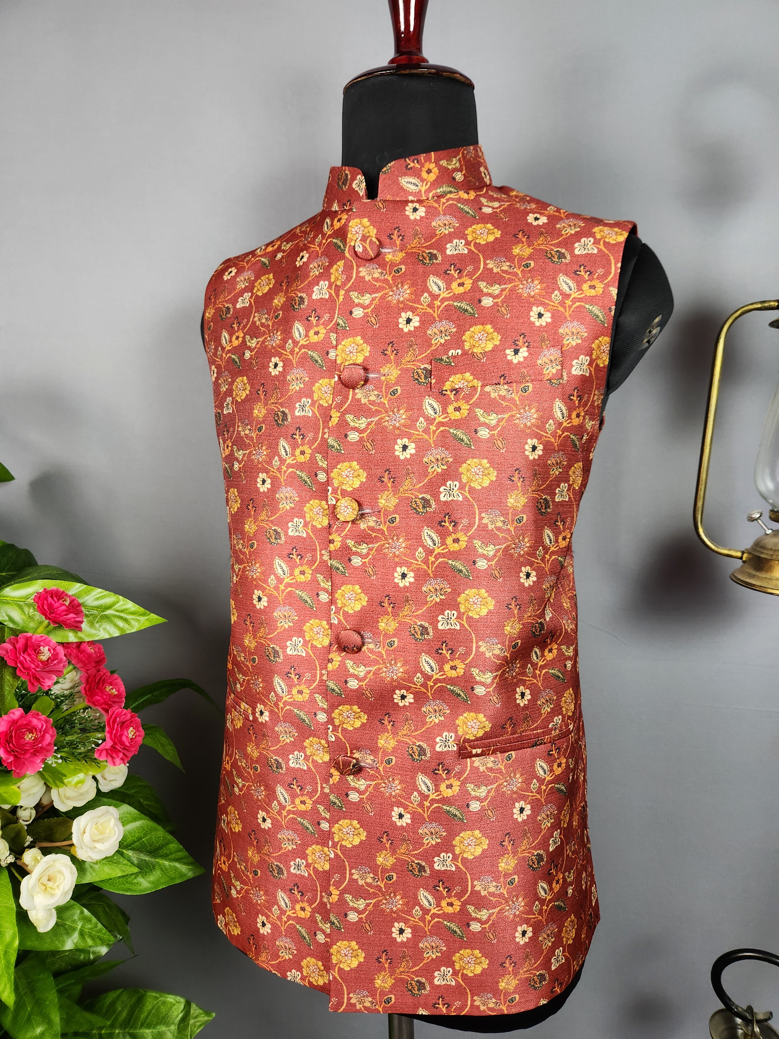Red nehru jacket for men - Indian ethnic waistcoat ideal for weddings, festive events, and traditional functions