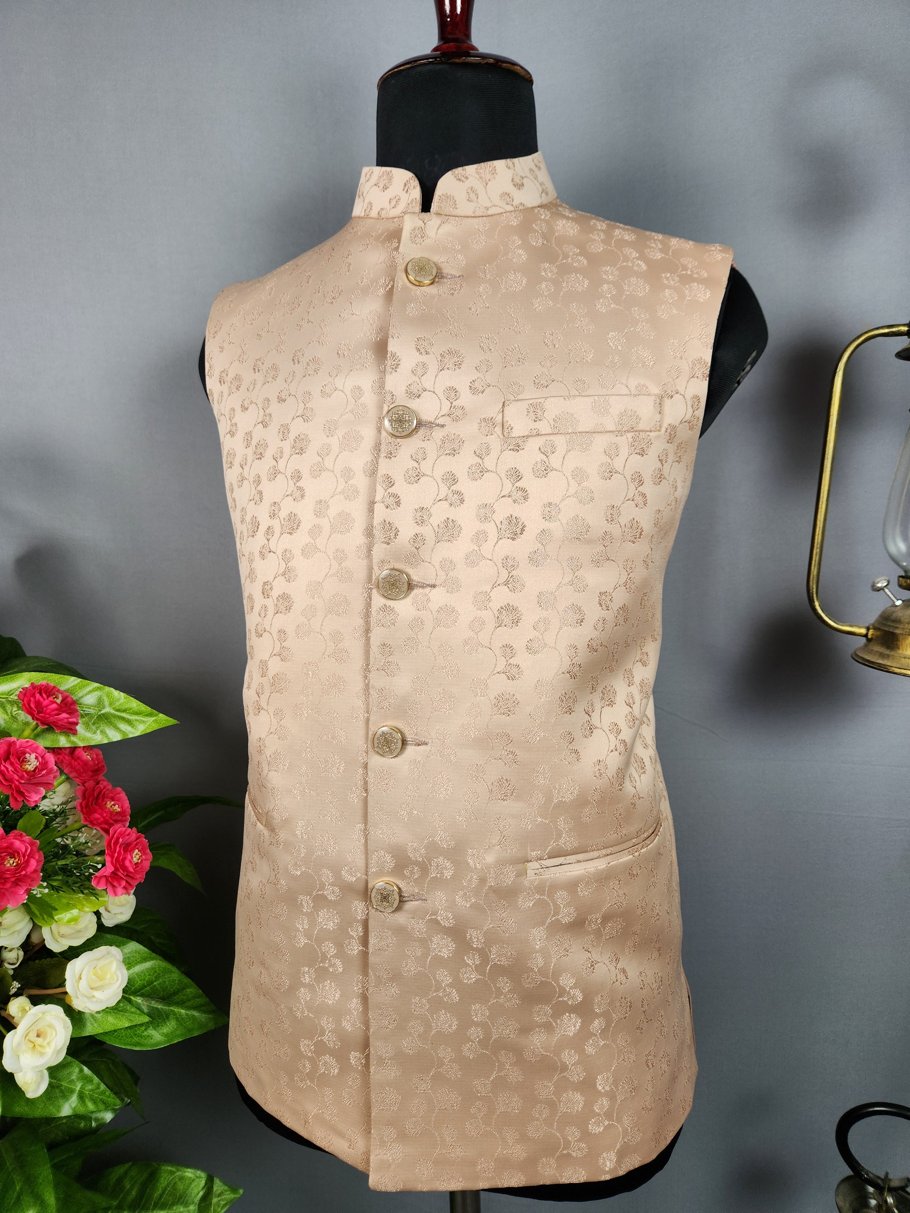 Peach nehru jacket for men - Indian ethnic waistcoat ideal for weddings, festive events, and traditional functions