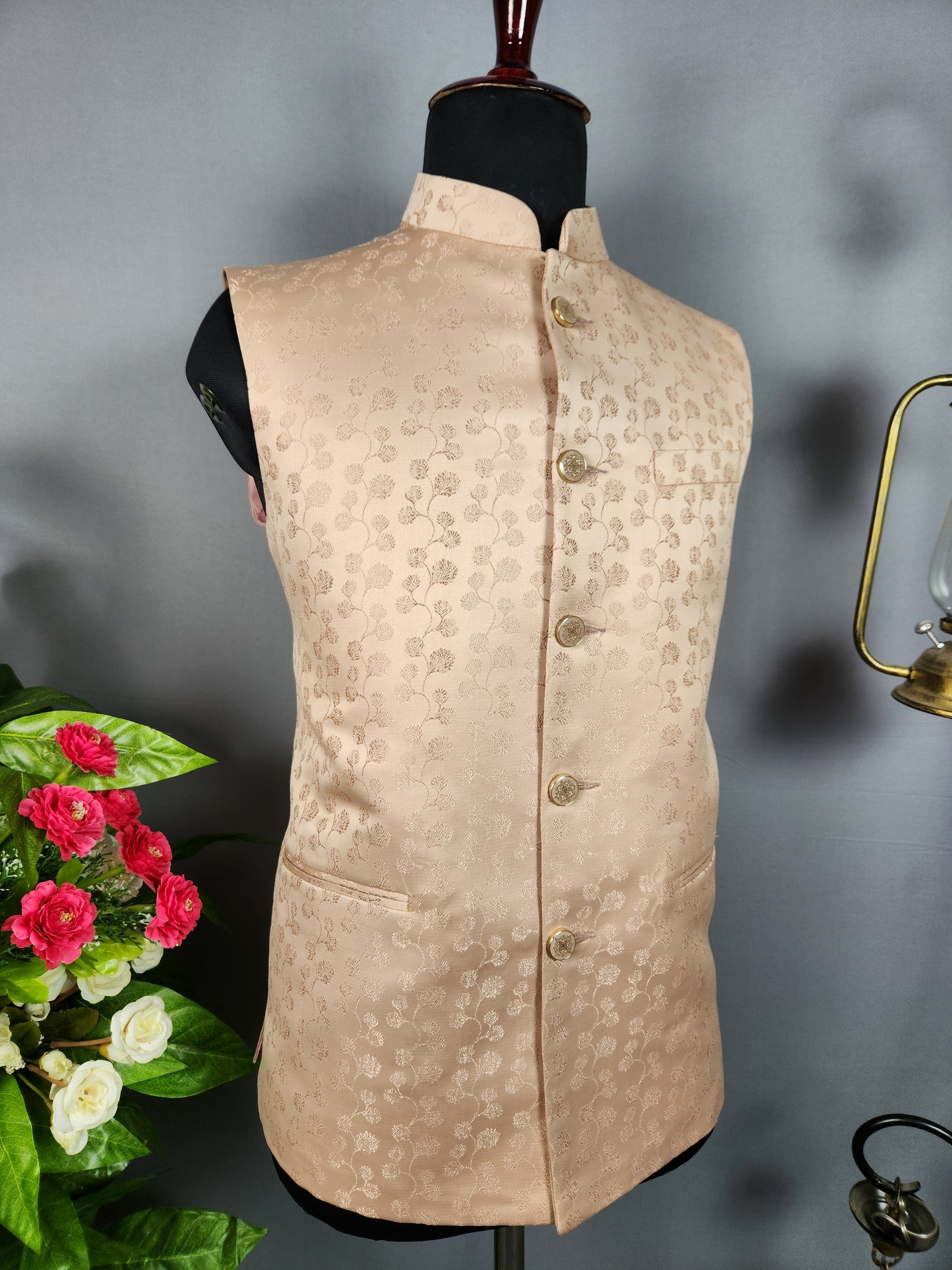 Peach nehru jacket for men - Indian ethnic waistcoat ideal for weddings, festive events, and traditional functions