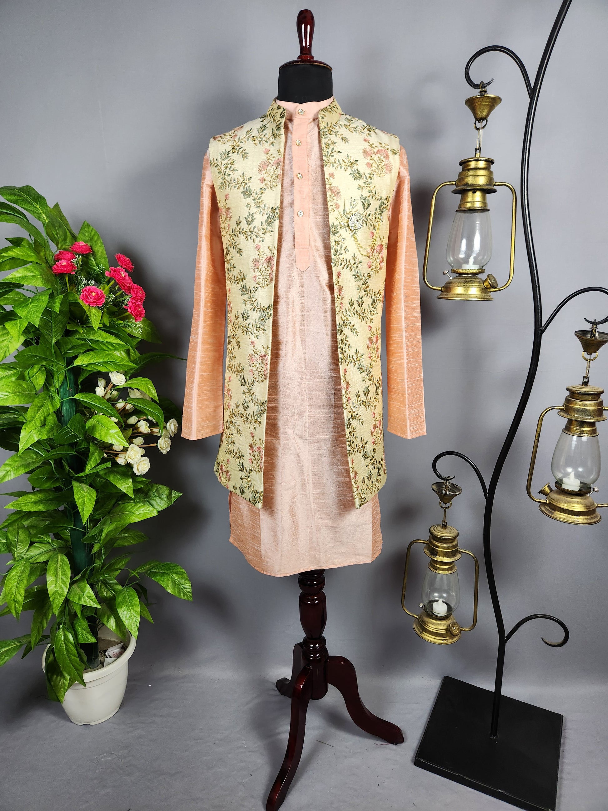 Peach Kurta Jacket Set for Wedding – Designer Indian Outfit