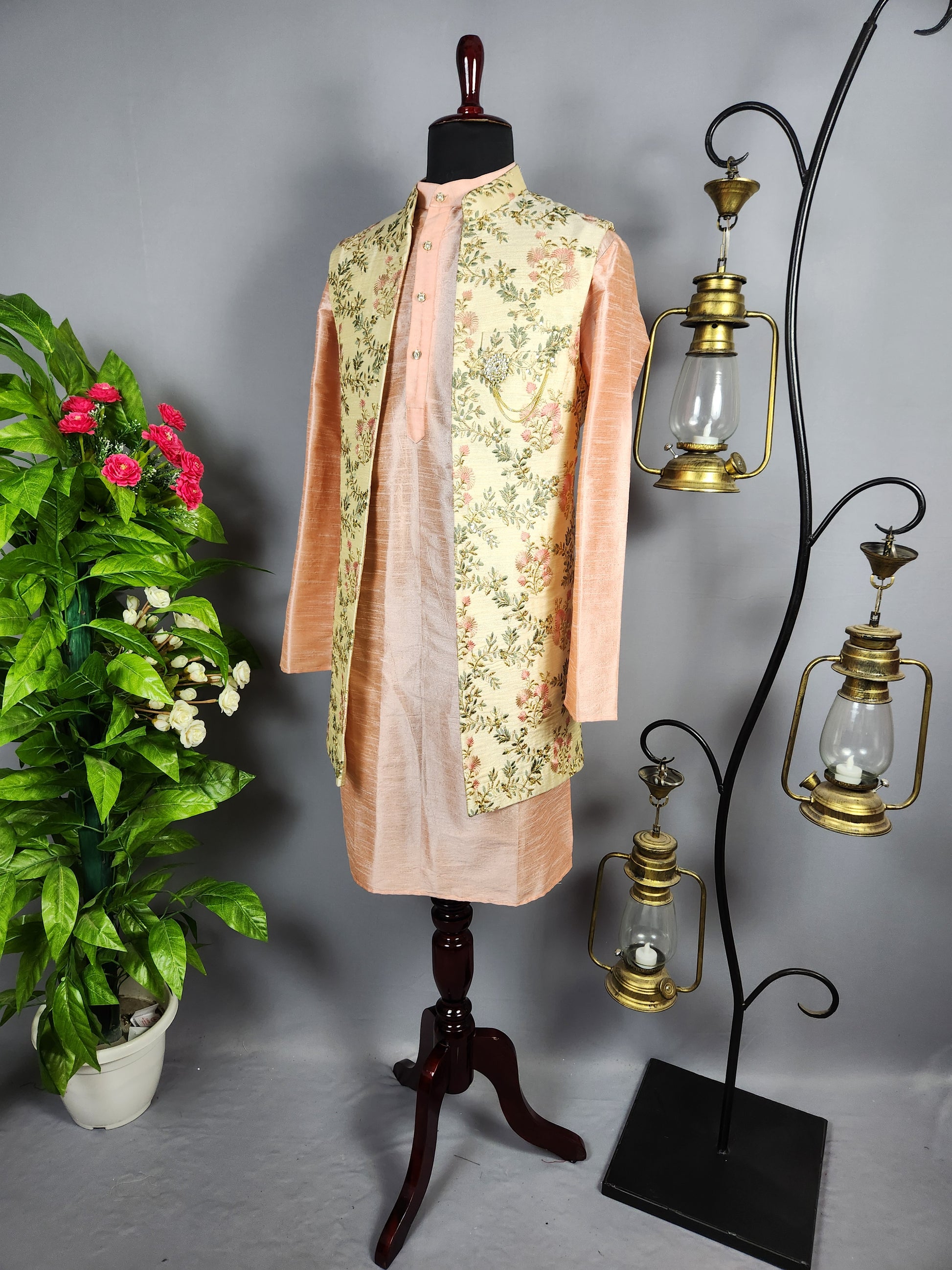 Peach Kurta Jacket Set for Wedding – Designer Indian Outfit