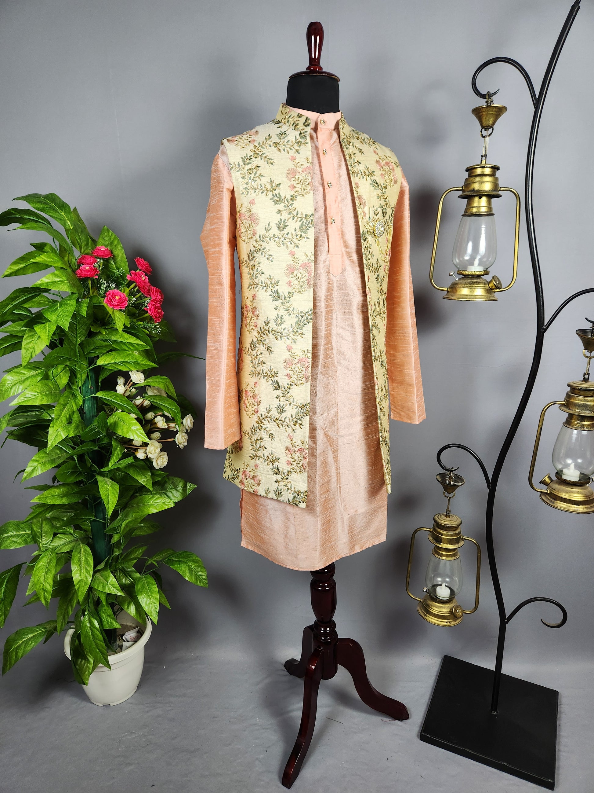 Peach Kurta Jacket Set for Wedding – Designer Indian Outfit