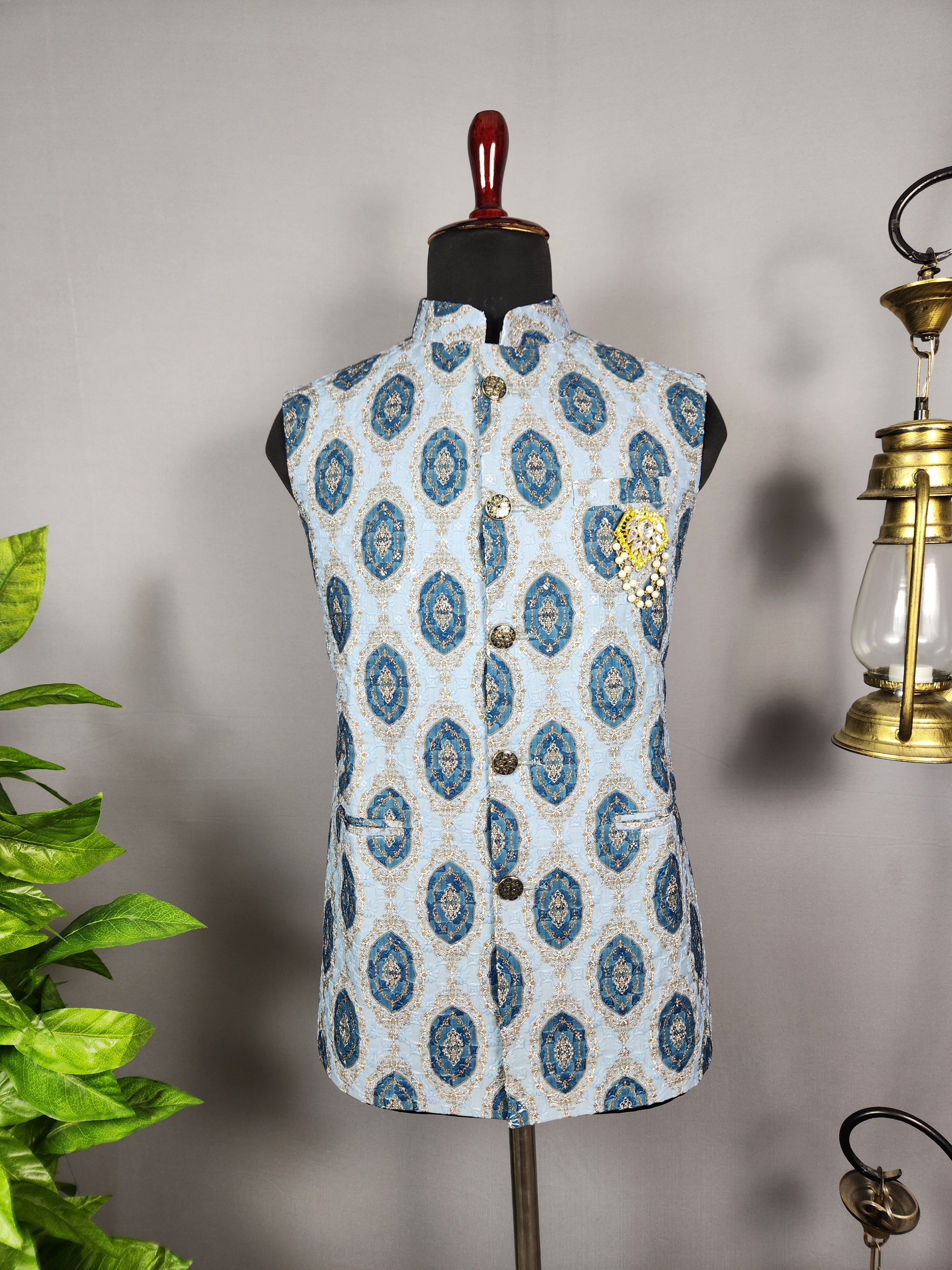 Sky Blue nehru jacket for men - Indian ethnic waistcoat ideal for weddings, festive events, and traditional functions