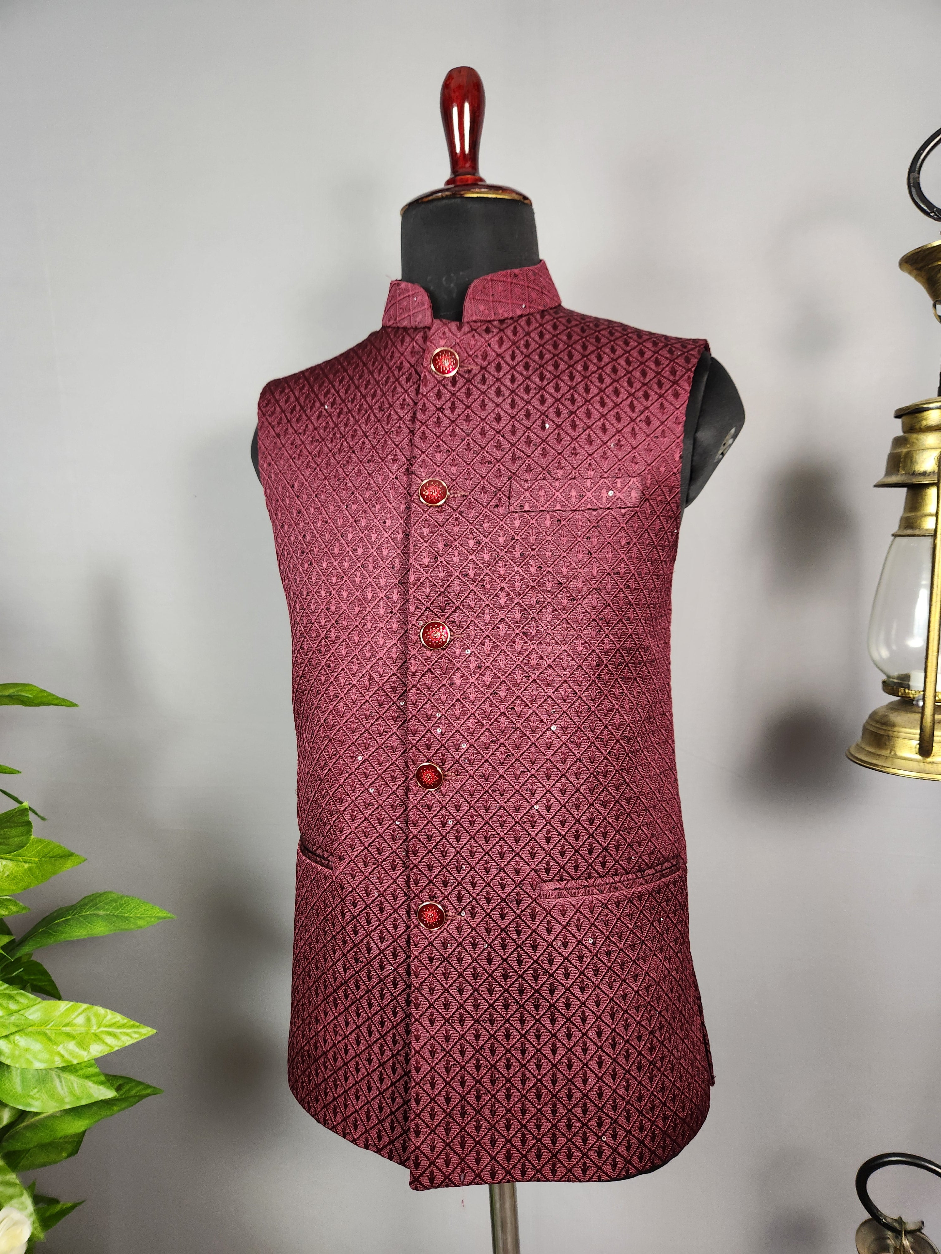 Red nehru jacket for men - Indian ethnic waistcoat ideal for weddings, festive events, and traditional functions