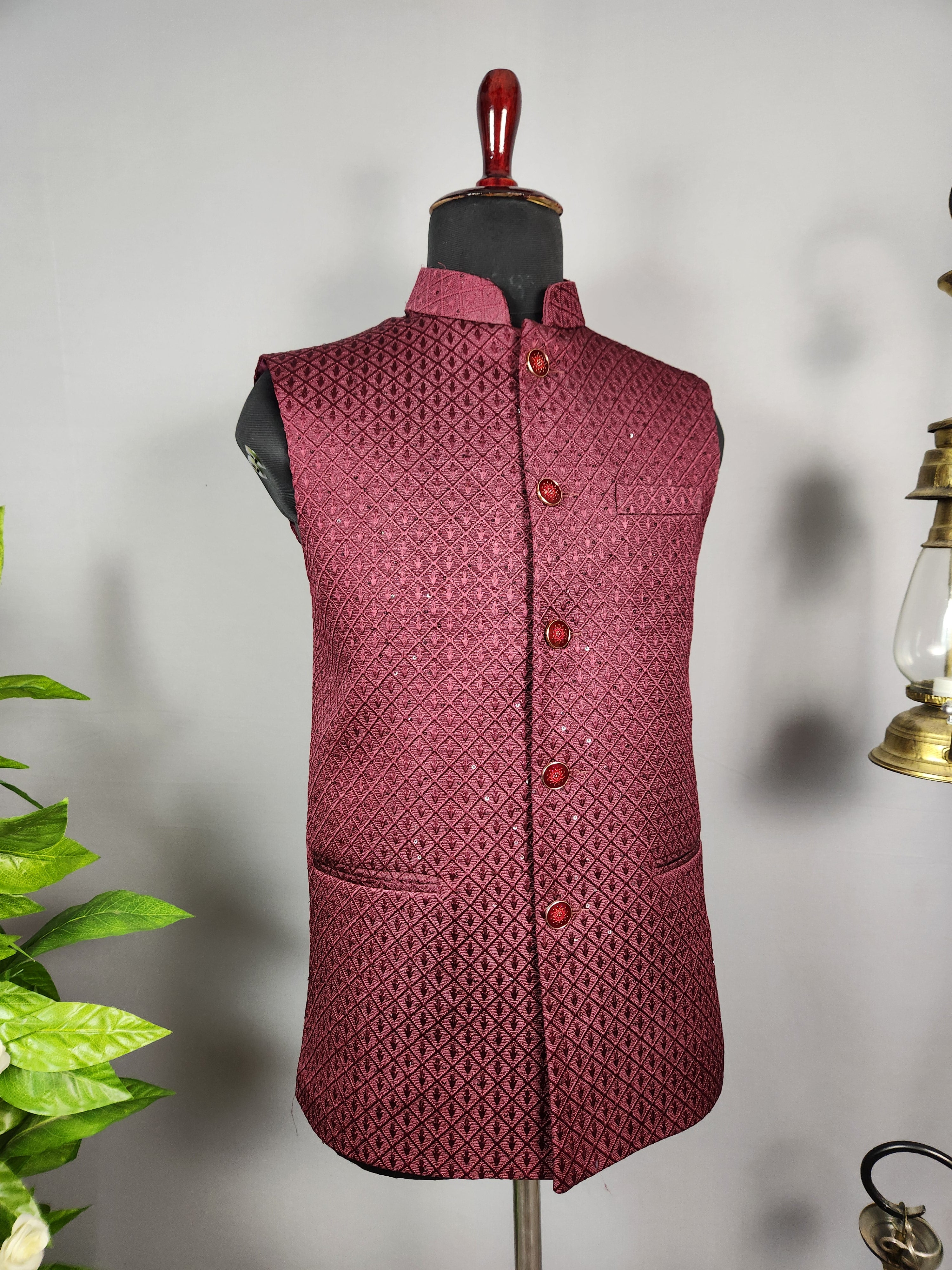 Red nehru jacket for men - Indian ethnic waistcoat ideal for weddings, festive events, and traditional functions
