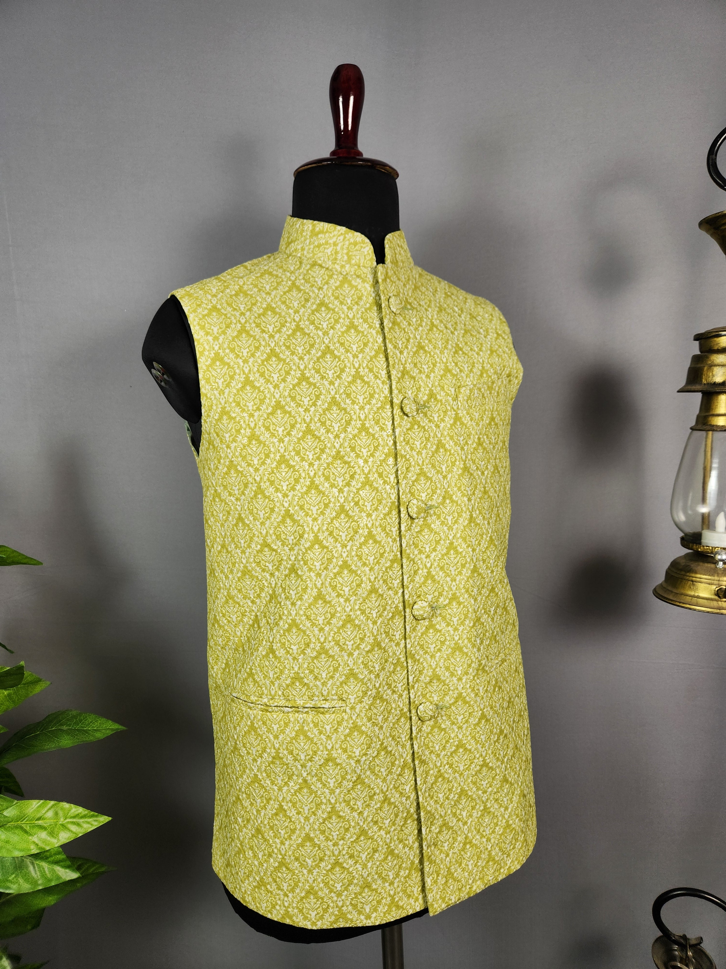 green nehru jacket for men - Indian ethnic waistcoat ideal for weddings, festive events, and traditional functions