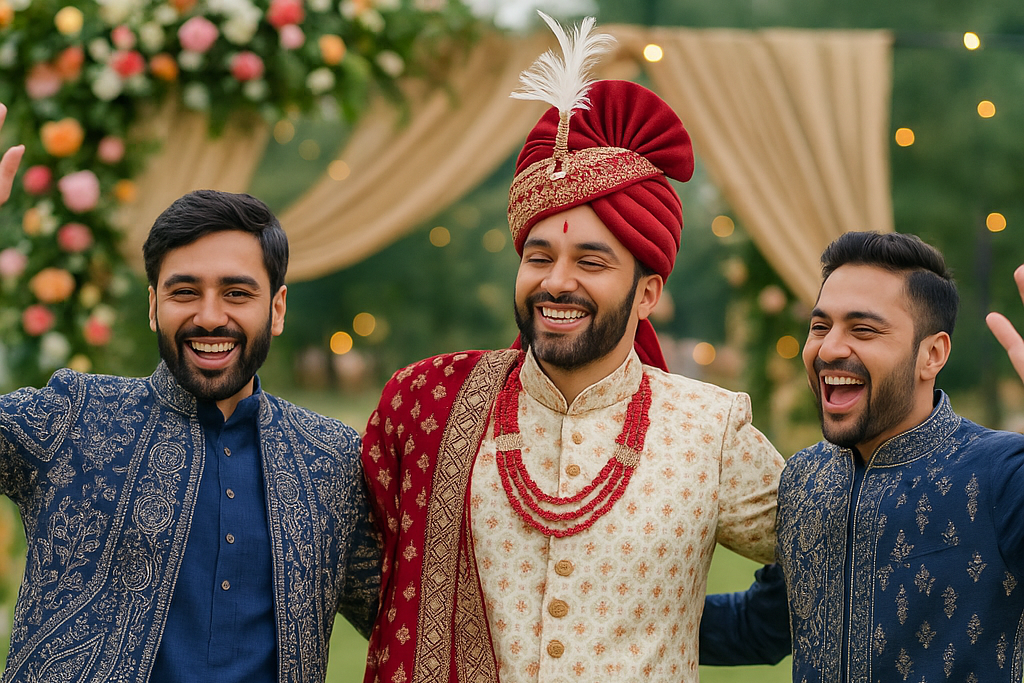 Three men in traditional attire with a decorated background