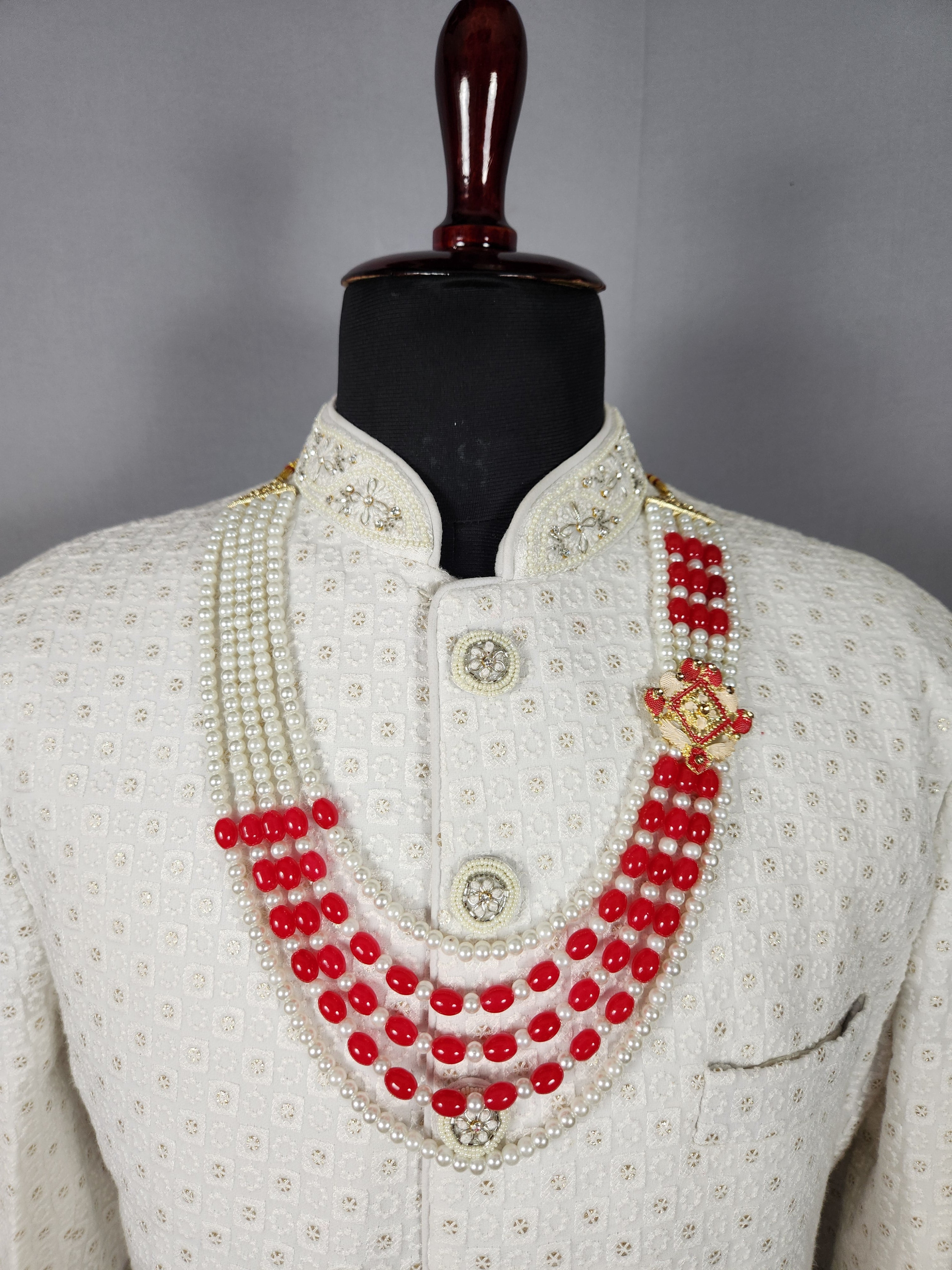 Red White Pearl Necklace For Groom