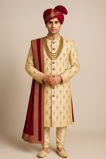 Man wearing a traditional beige sherwani with red accents and a matching turban