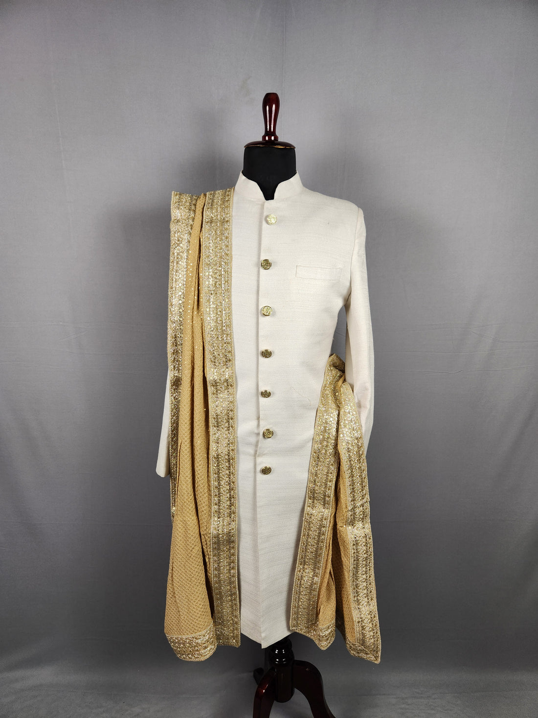 Beige Groom Shawl - Gold Embroidered Beige Stole